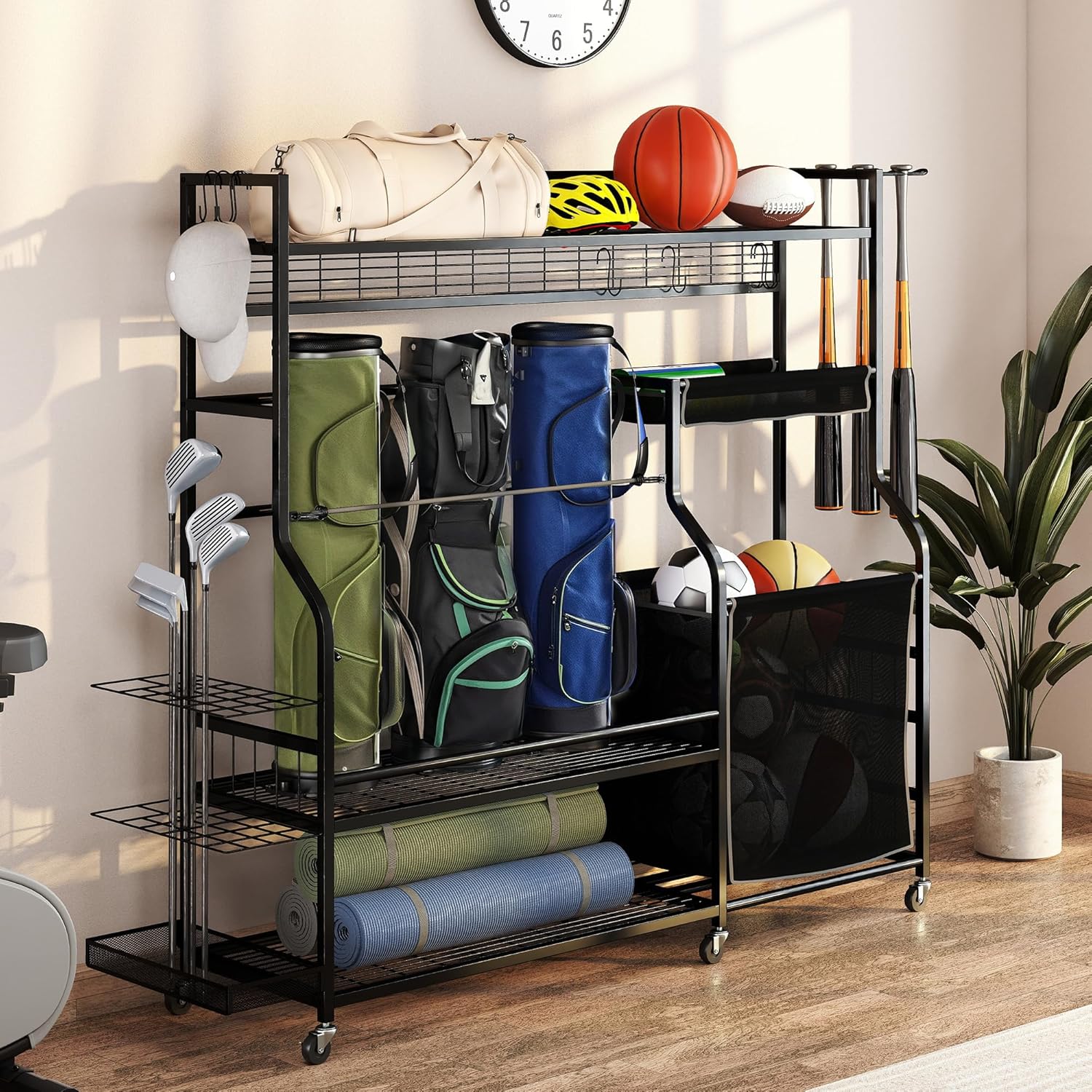 YITAHOME Multi-Functional Sports Organizer for Garage, Golf Gear Storage Rack for 3 Bags and Clubs, Ball Storage Bins with Wheels, Multi-Layer Sports Equipment Rack with Hooks