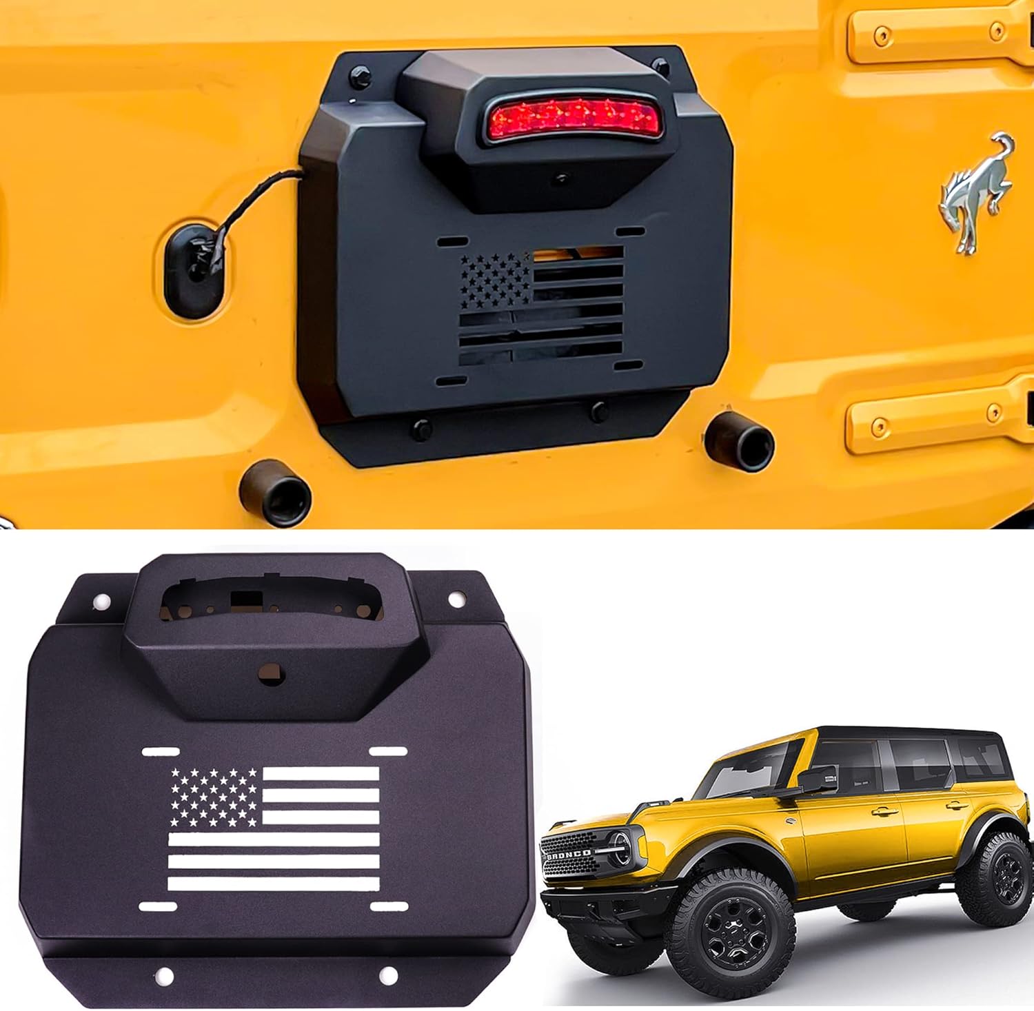 Spare Tire Delete Filler Plate for 2021 2022 2023 2024 2025 New Ford Bronco 2/4 Door Exterior Accessories with Rear License Plate Relocation Frame Kit & Third Brake Light & Backup Camera Hole