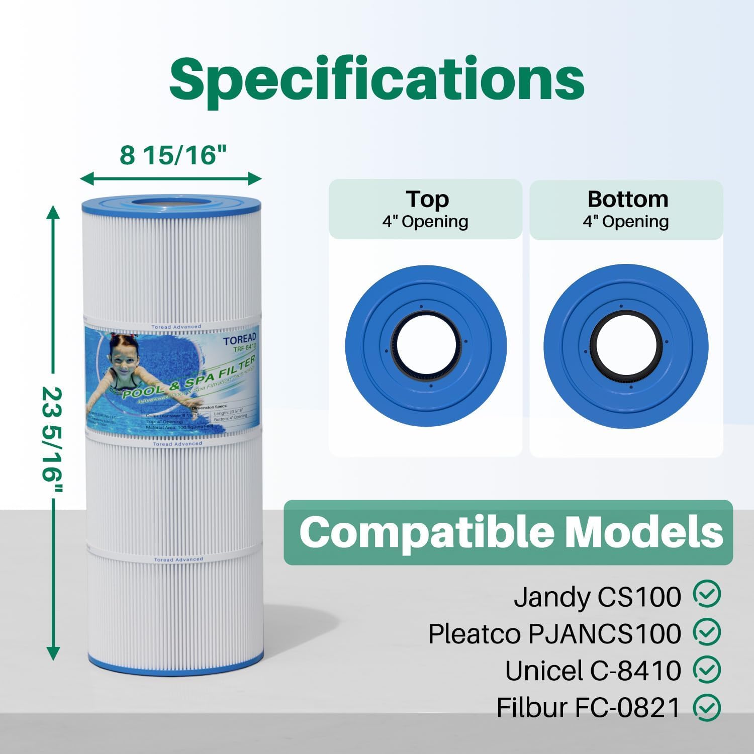 TOREAD Pack of 4 Pool Filter Compatible with Jandy CS100, R0462200, PJANCS100, Ultral-B2, Porpoise PP-B2, Unicel C-8410, Filbur FC-0821,SD-01070,100 Sq. Ft Pool Filter Cartridge
