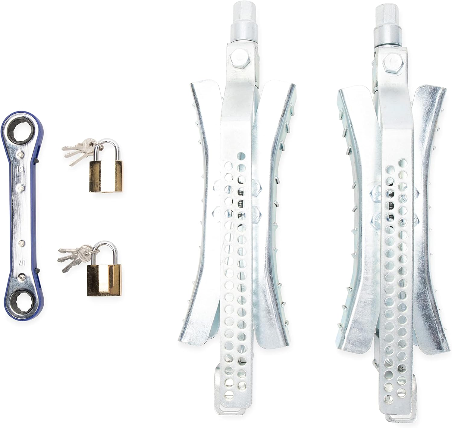 Camco Eaz-Lift 10-Inch Metal Wheel Stop with Wrench and Lock for RVs - Fit a Tire Spacing 3 to 10-inches - 2-Pack (44661)