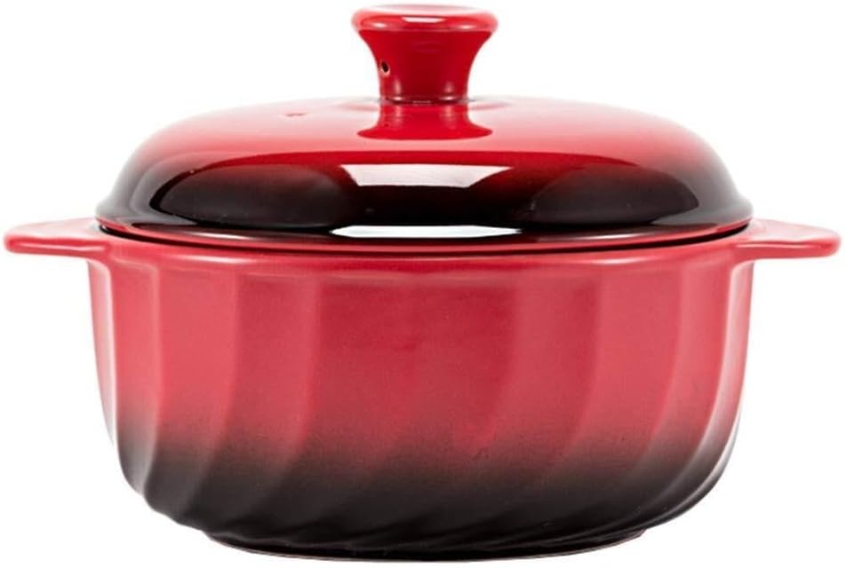 Ceramic Mini Casserole Dish with Lid, Oval 2L Baking Bowl for Stew, Soup, Bibimbap, Oven Safe, Microwave & Stove Compatible, Red