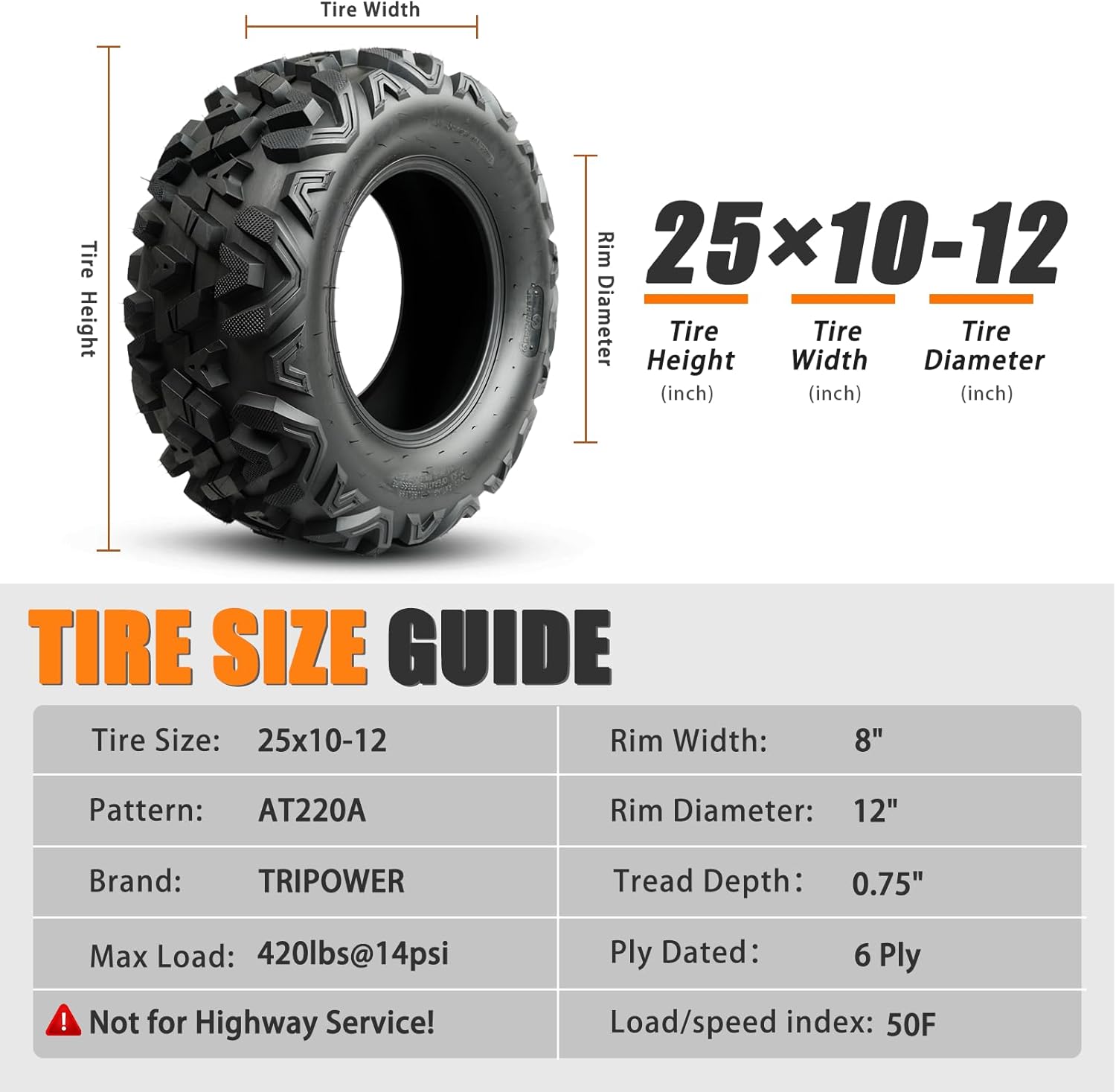 TRIPOWER 25x10-12 ATV UTV Tires 25x10x12 All-Terrain Quad Tires for All Trail Mud Sand Off-Road Tire, 6PR Tubeless, 2 Pack