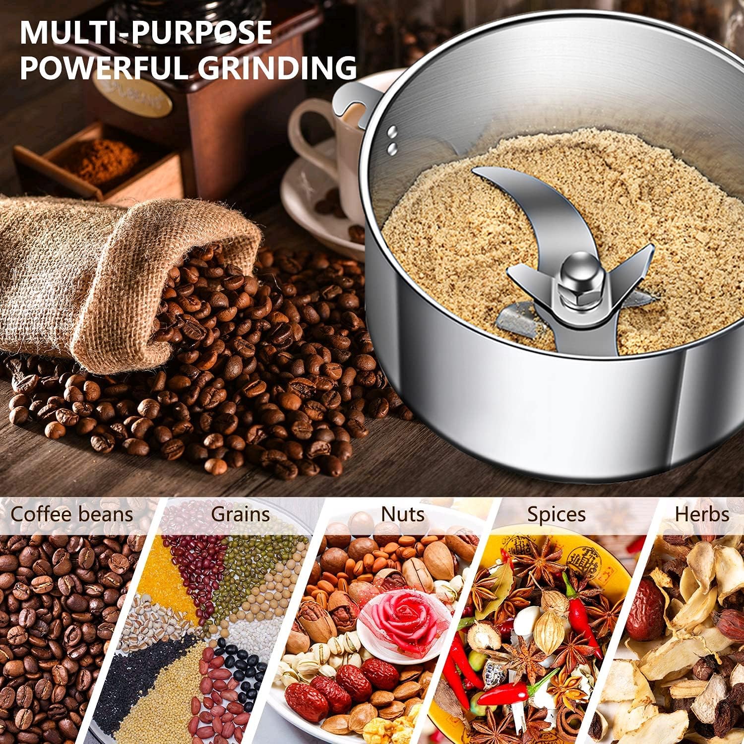 Grain Mill Grinder 750g High Speed Electric Stainless Steel Grinder Cereals Corn Flour Pulverizer Powder Machine for Dry Spice Herbs Grains Coffee Rice Pepper