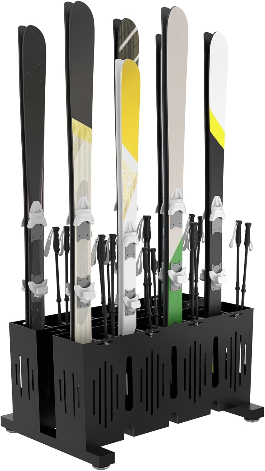 8-Pair Ski Storage Rack w/Width-Adjustable Fixing Bars, Heavy Duty Metal Freestanding Ski Rack - Ideal Organizer for Garage, Home and Store, 26