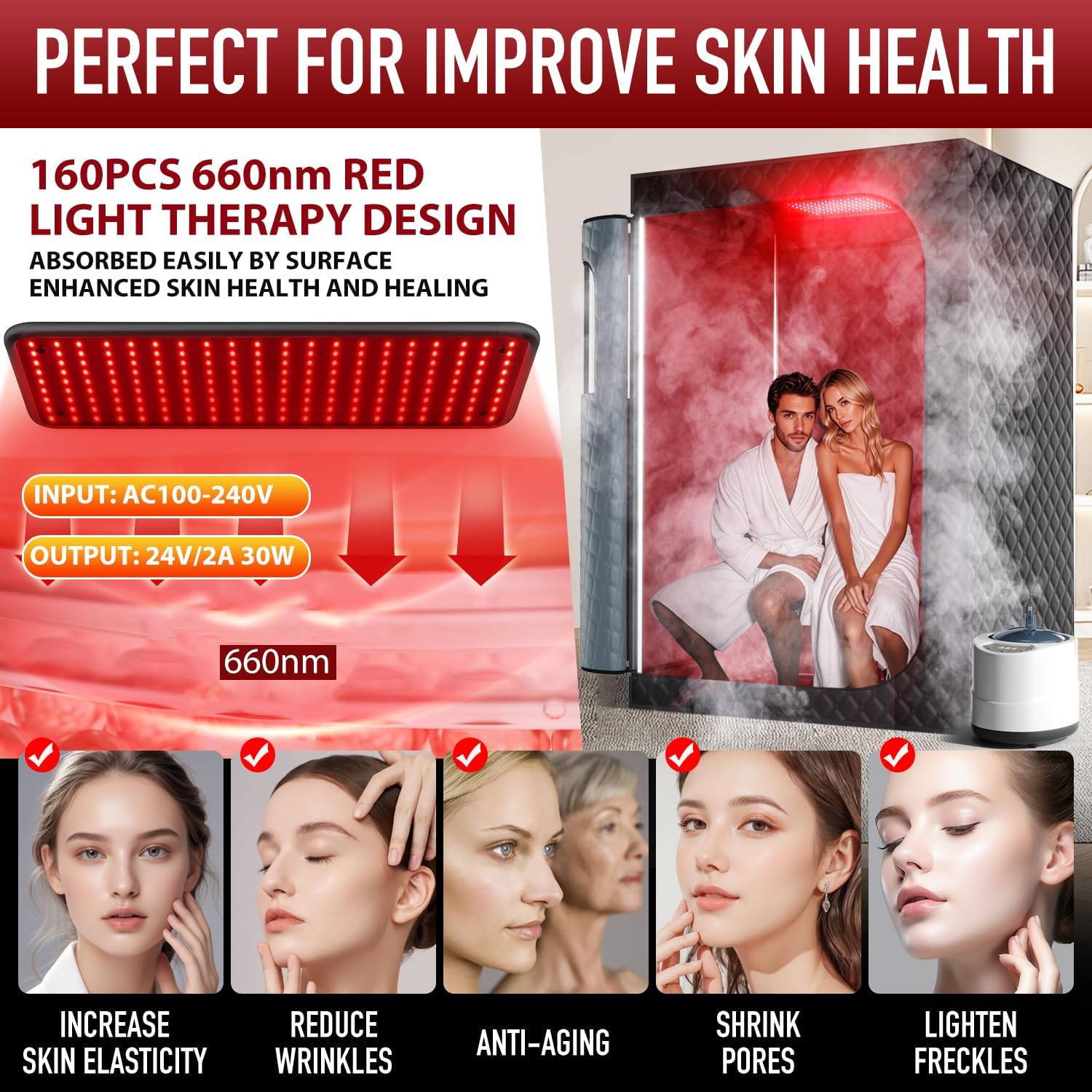 Upgraded 2 Person Sauna Portable Infrared Steam Sauna with 660nm Red Light Therapy Panel & 2X 3L 1300W Steamers, 2 Folding Chair, XXXL Sauna Box Sauna Tent Home Sauna, 72