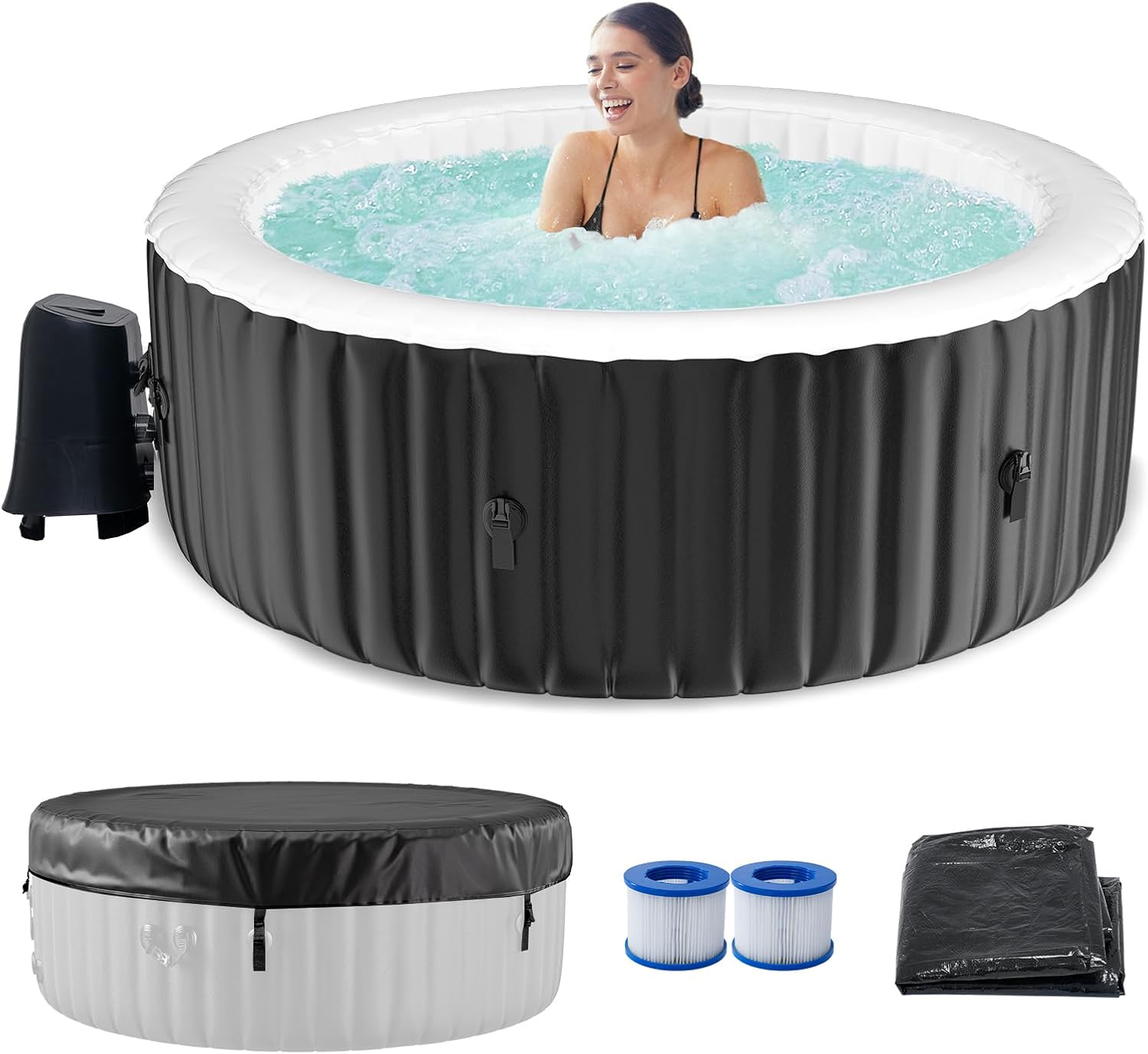 LILYPELLE 2-4 Person Inflatable Hot Tub, Large Portable Hot Tub with 120 Bubble Jets, Outdoor Spa Round Bathtub Set Included Heater Pump, Filter and Insulated Cover, 71