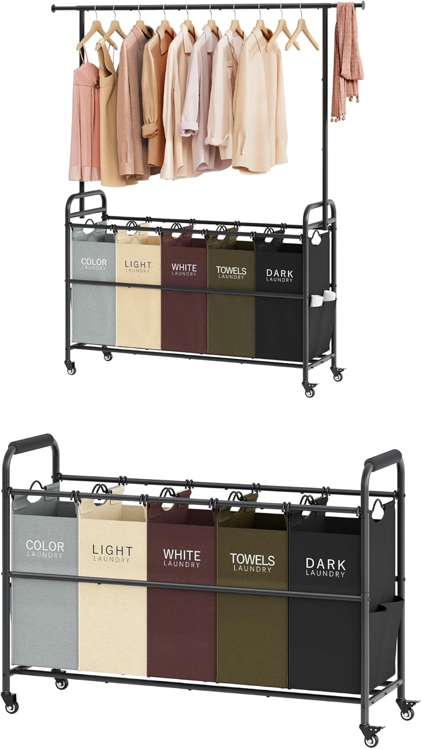 5 Section Laundry Sorter with Hanging Bar Plus 5 Bag Laundry Sorter Cart