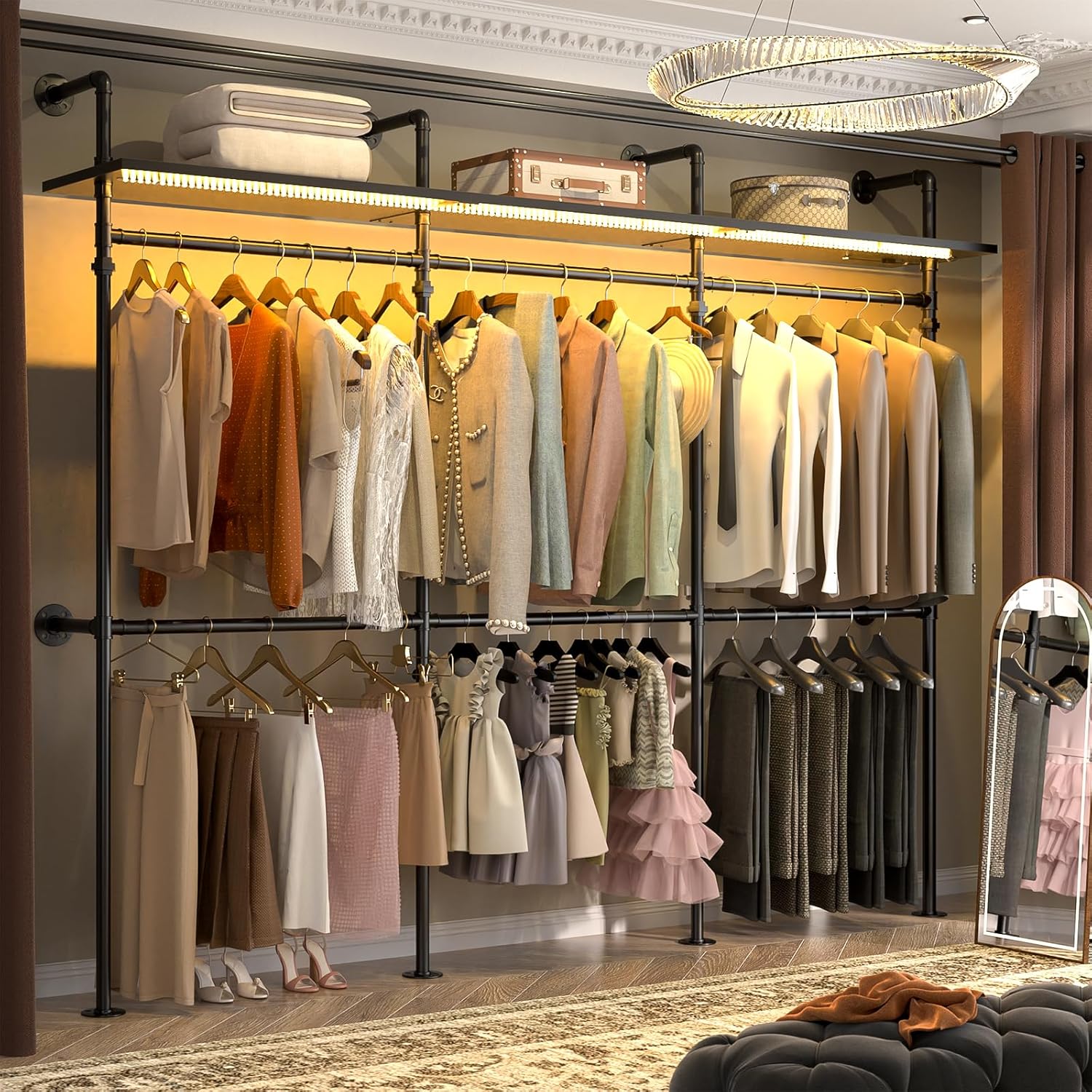 Aheaplus Industrial Pipe Clothing Rack, Reversible 79.7'' Clothes Rack for Hanging Clothes, Heavy Duty Garment Racks Closet Wardrobe with LED Lights& Shelves, Walk-in Closet System, Rustic Brown