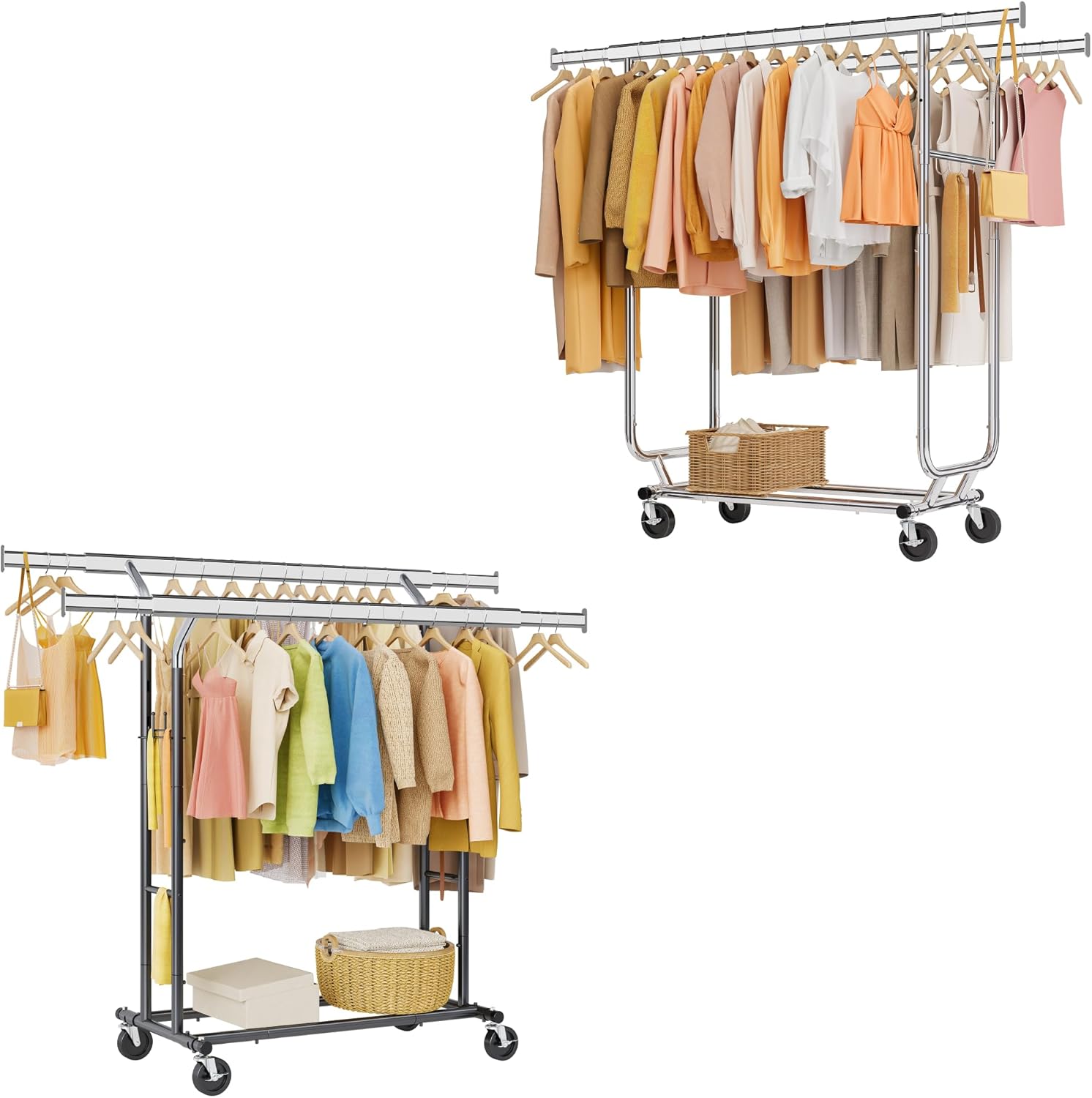 Tajsoon Heavy Duty Collapsible Clothing Rack Plus Heavy Duty Double Clothes Rack