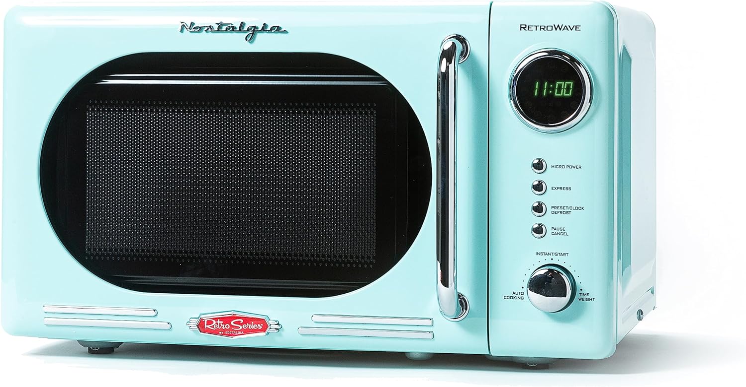 Nostalgia Retro Compact Countertop Microwave Oven, 0.7 Cu. Ft. 700-Watts with LED Digital Display, Child Lock, Easy Clean Interior, Aqua