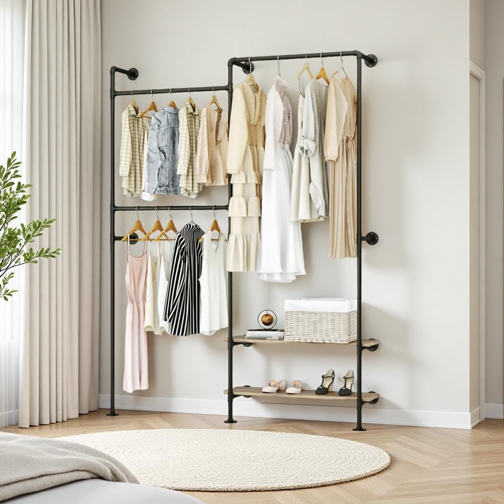 Industrial Pipe Wall-Mounted Clothing Rack with Double Hanging Rods & Shelves - Heavy Duty Storage for Wardrobe, Bedroom, Walk-In Closet (Black)