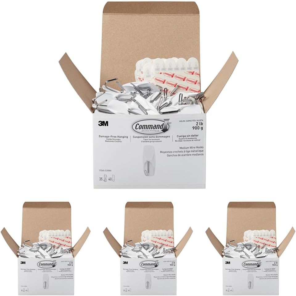 Command Medium Wire Toggle Hooks, 35 Hooks and 40 Strips, Damage-Free Hanging Wallhooks with Adhesive Strips, No Tools Adhesive Hooks for Hanging, Holds up to 2 lb (Pack of 4)