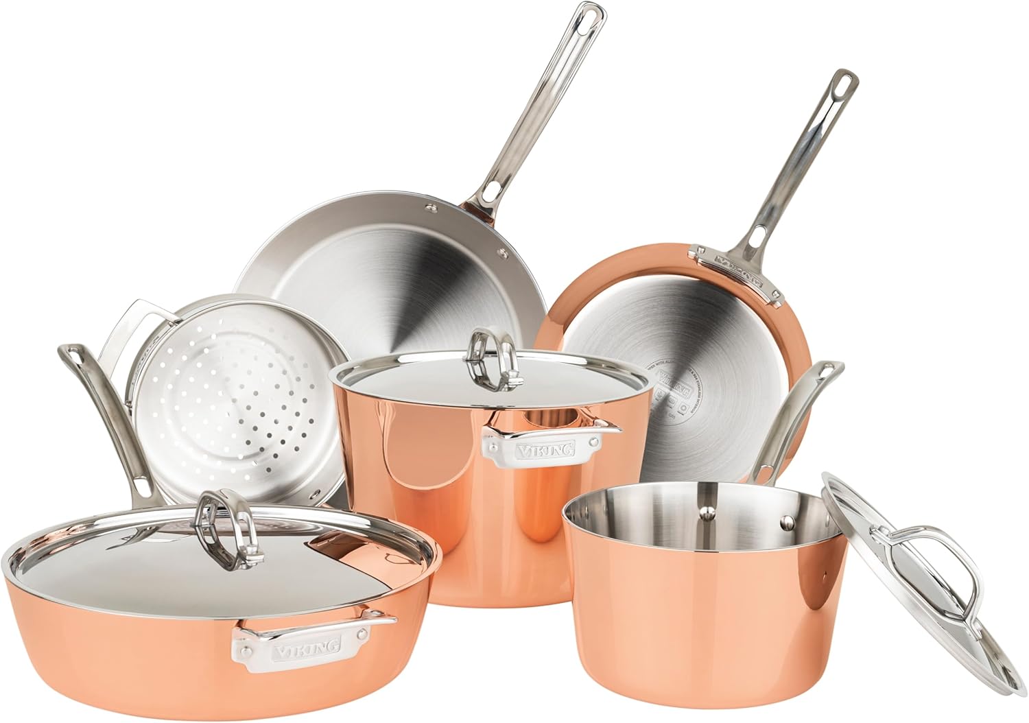 Viking Contemporary 4-Ply Pots and Pan Set, 9 Piece Copper Kitchen Cookware with Metal Lids