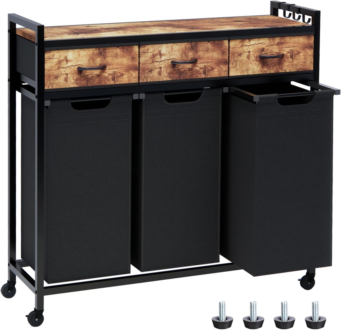 Laundry Hamper, Laundry Sorter 4 Sections, Rolling Laundry Basket with Wheels, 3 Drawers, 4 × 14.5 Gal (55 L), Pull-Out and Removable Oxford Fabric Bags, Black and Rustic Brown