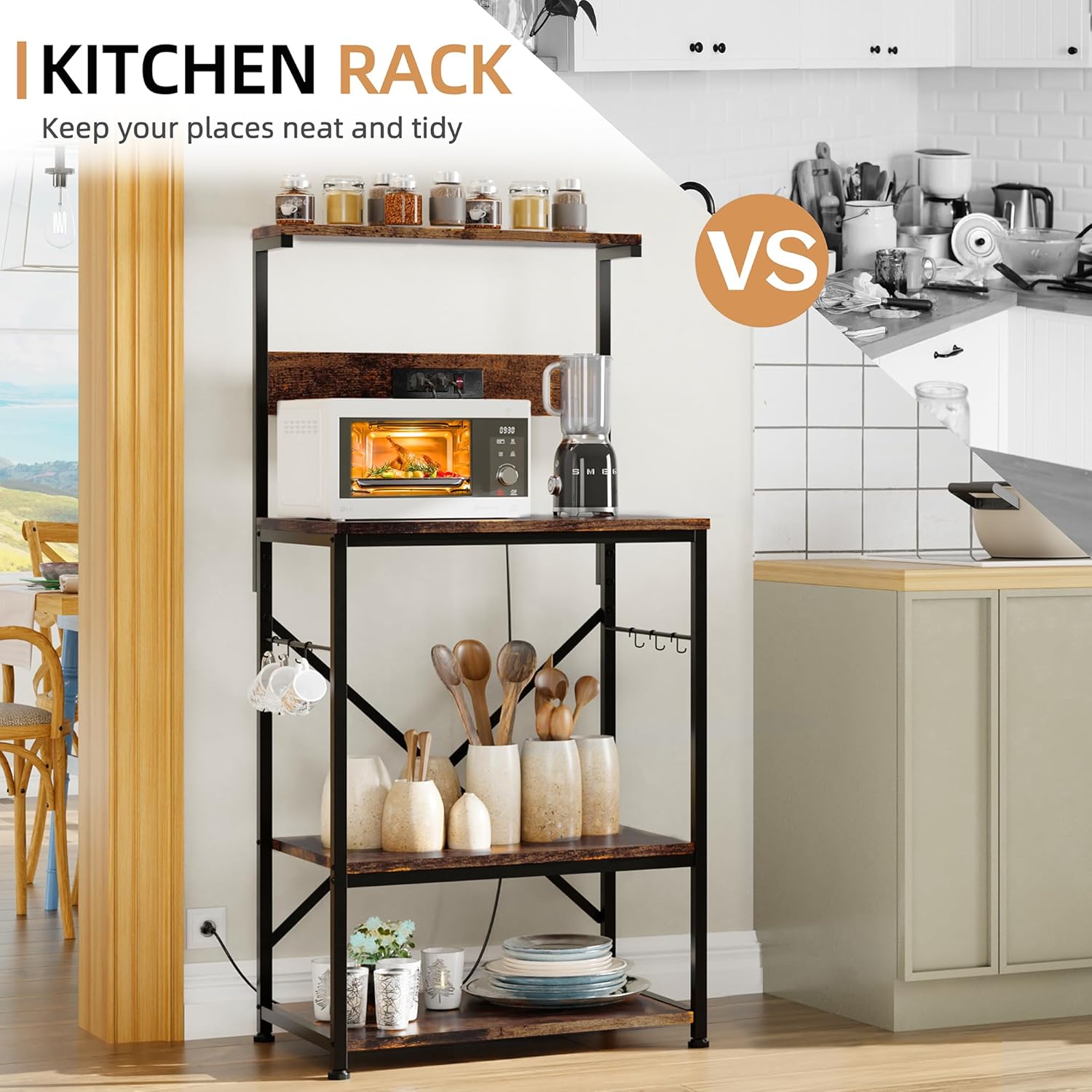 Shintenchi Bakers Rack with Power Outlet, Kitchen Organizer and Storage with 6 Hooks, Microwave Oven Stand, Kitchen Shelf for Spice, Coffee Station, Coffee Bar Table (Vintage Brown)