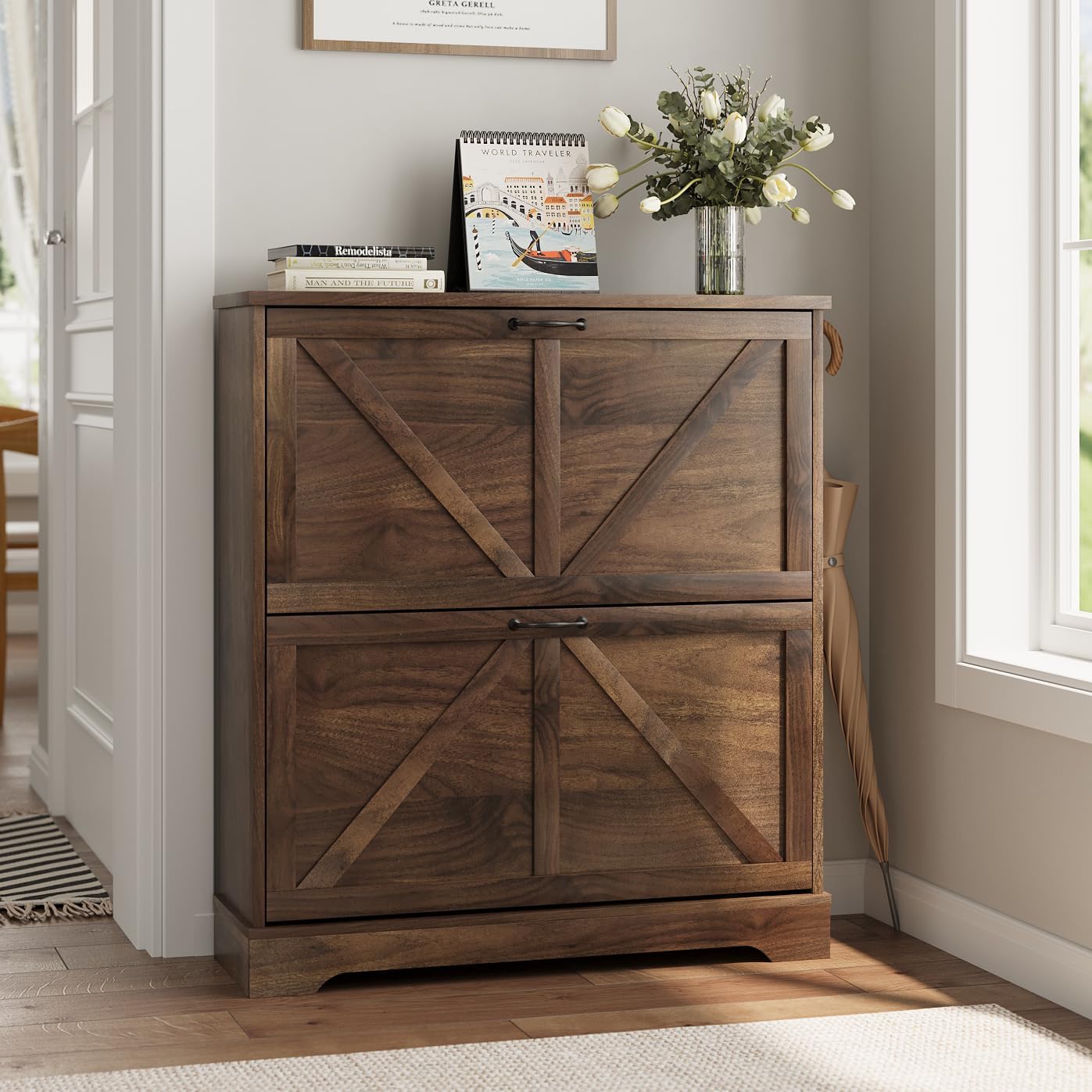 Shoe Cabinet, Shoe Storage Cabinet for Entryway with 2 Flip Drawers, Narrow Farmhouse Shoe Organizer Cabinet, Slim Shoe Rack Cabinet, 31.5in Walnut