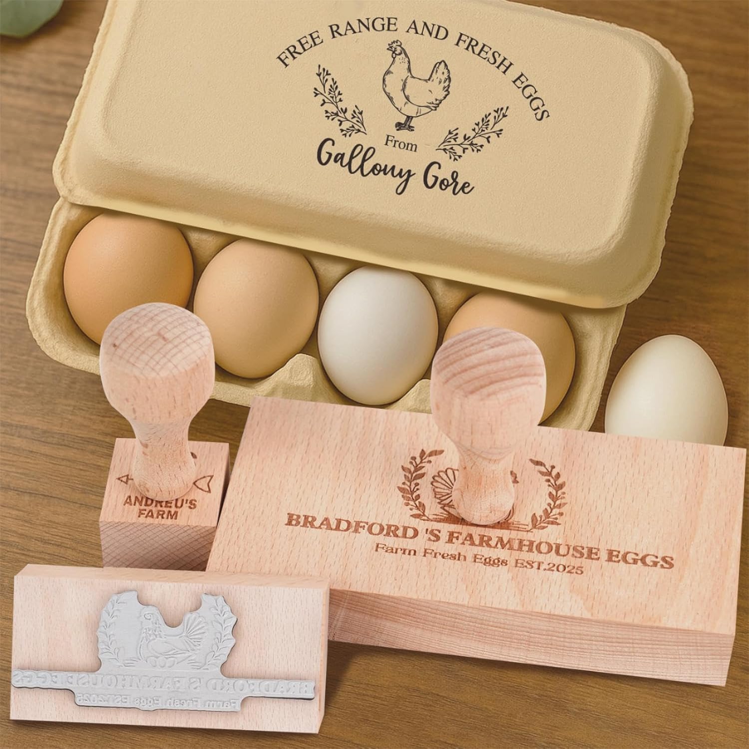 Egg Carton Stamps Personalized, Custom Egg Cartons Stamp, Rubber Stamp for Farm Fresh Eggs Cartons, Wooden Stamps for Farmhouse Homestead Chicken Coop Farmer, Chicken Accessories(4
