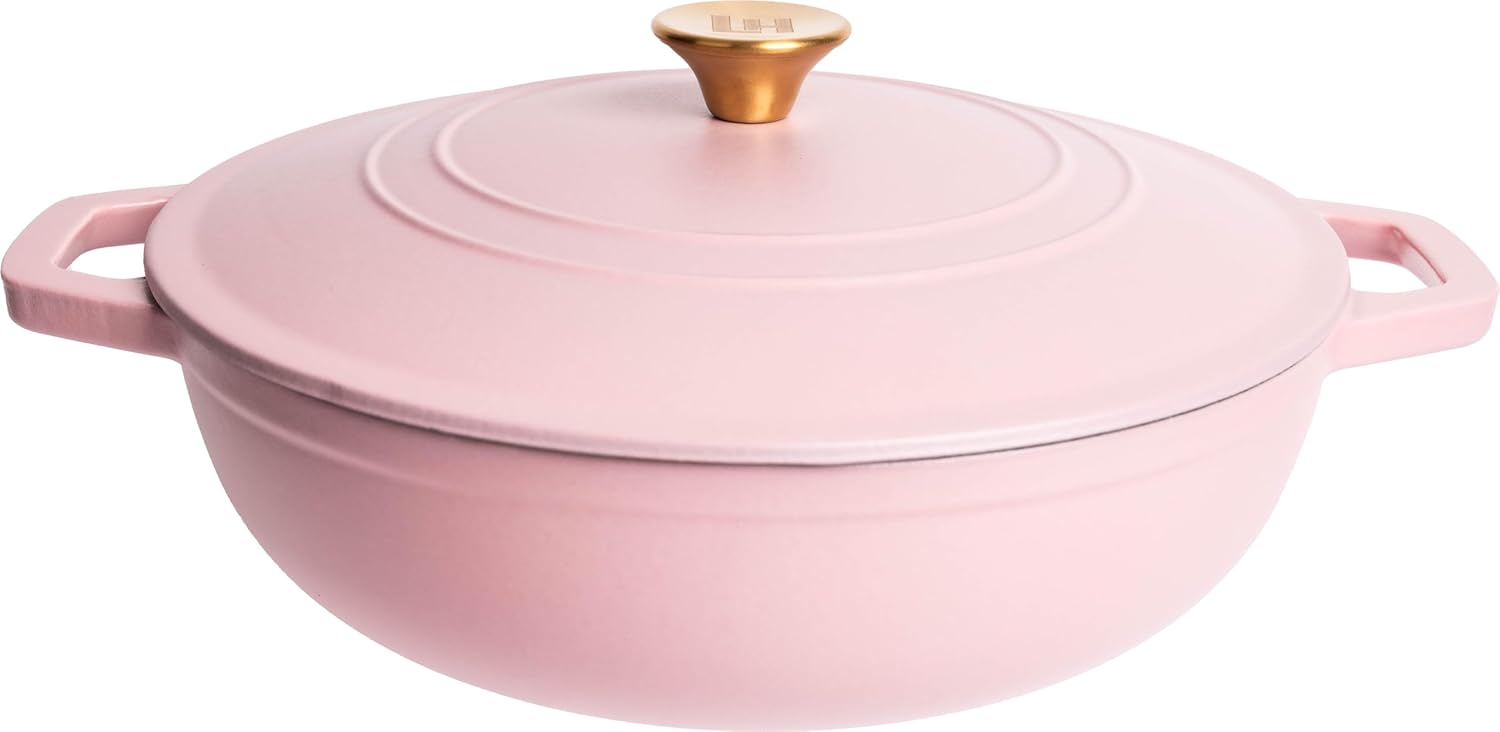Lexi Home Cast Iron Enameled Dutch Oven Pot with Lid 5 qt, Sauce Pan, Pasta Server, Stove Top Pot, Dish for Sourdough Bread, Slow Cooking Chicken, Soup & More, Kitchen Cookware - Matte Pink