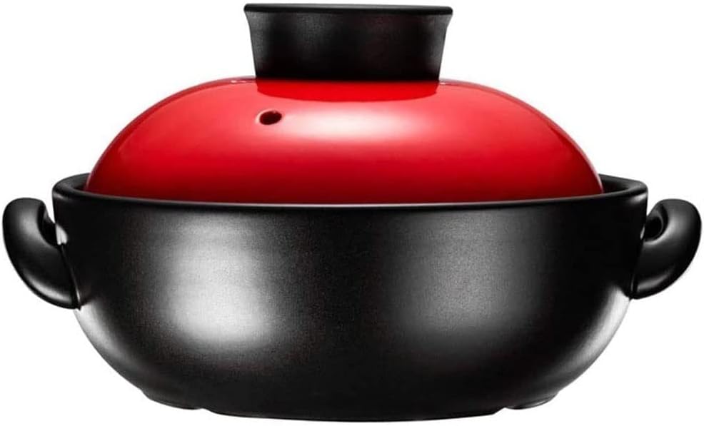 Double Handle Lid Ceramic Soup with Open fire Ceramic Mini Round Black Dish Casserole/Clay Pot/Earthen Pot/Ceramic Cookware with Red Lid Heat-Resistant 1.5L