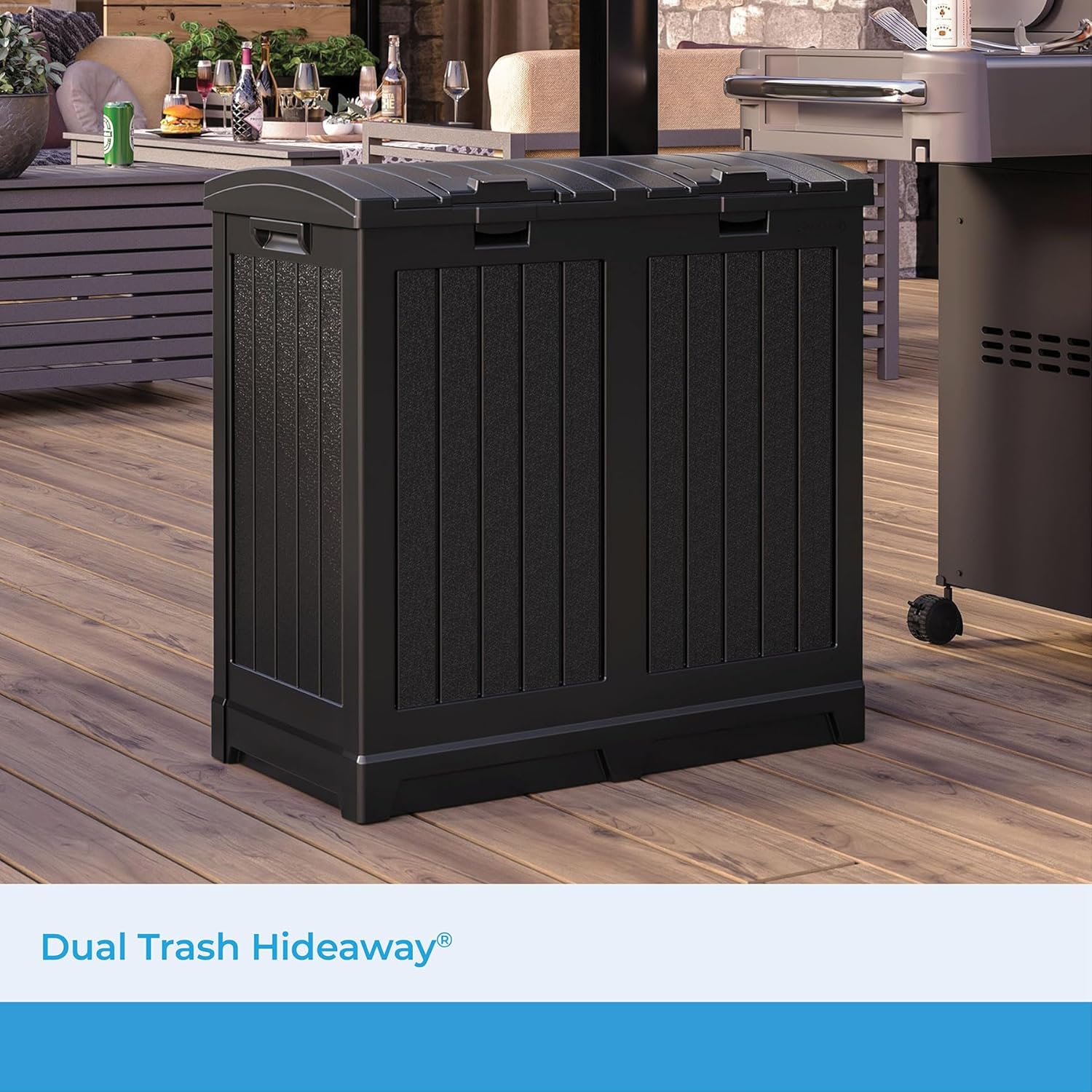 Suncast Dual Trash Hideaway Cabinet for Garbage and Recycle Bags, Discrete Outdoor Trash Cabinet with Concealed Trash Bag Holders, Holds Two 33-Gal. Bags, Made in the USA