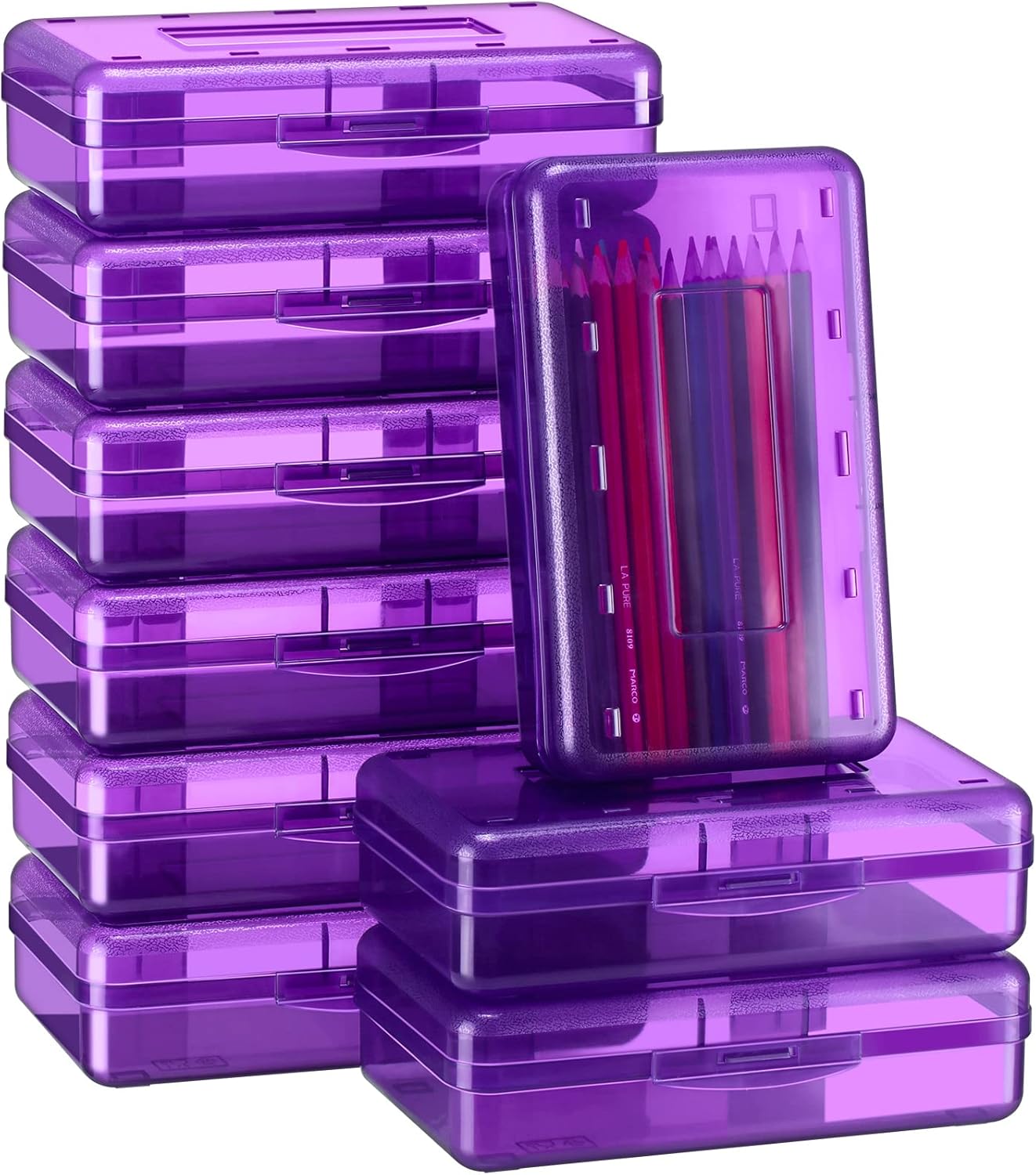 Fainne 24 Pack Pencil Boxes for School Clear Plastic Pencil Case Large Plastic Crayon Box Bulk Stackable Classroom Stationery Organizer School Supplies(Purple)