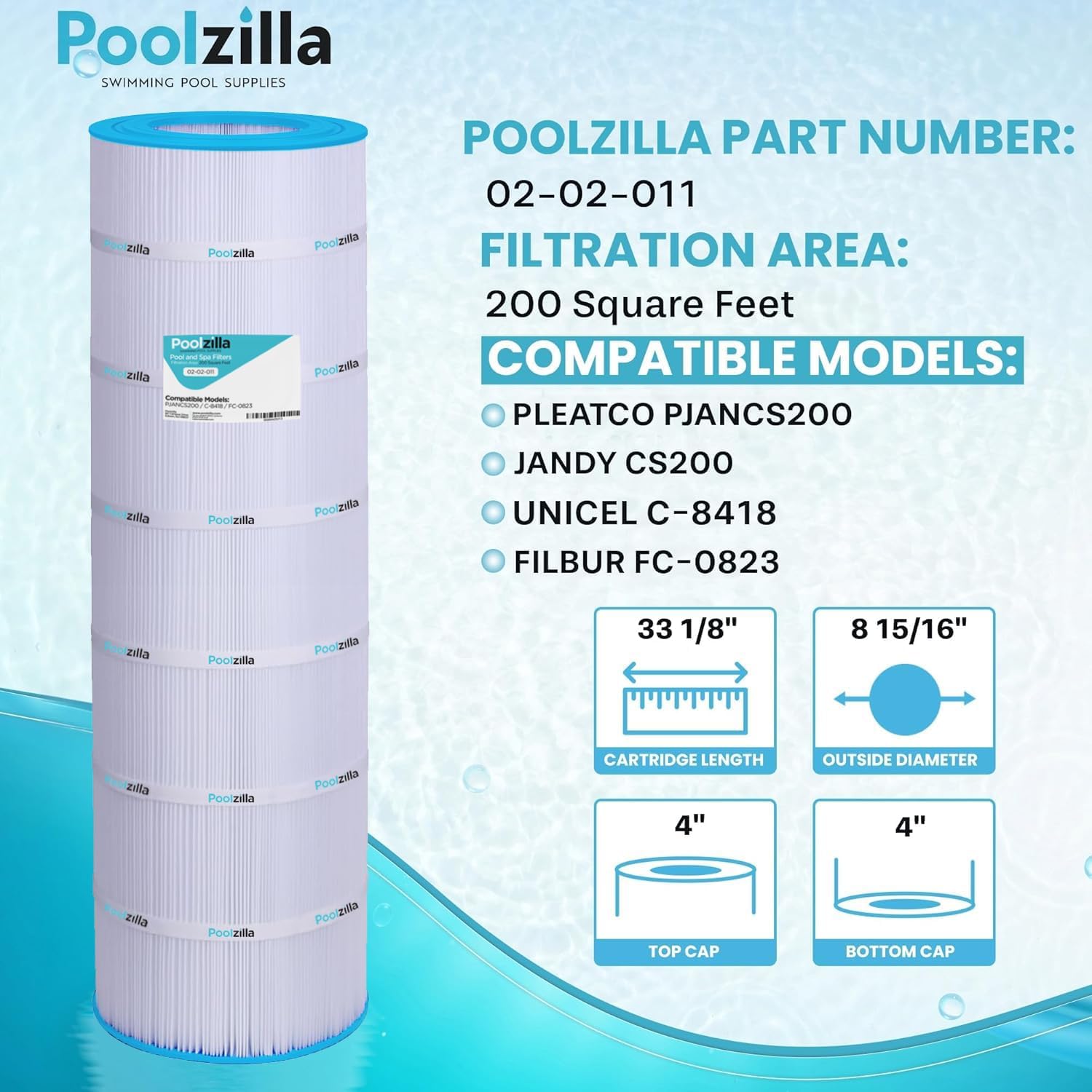Poolzilla 4 Pack Pool Filter Cartridge Replacement for Jandy CS200, PJANCS200, R0462400, Unicel C-8418, Filbur FC-0823, Aladdin 35002, 200 (L x OD: 33 1/8” x 8 15/16”)