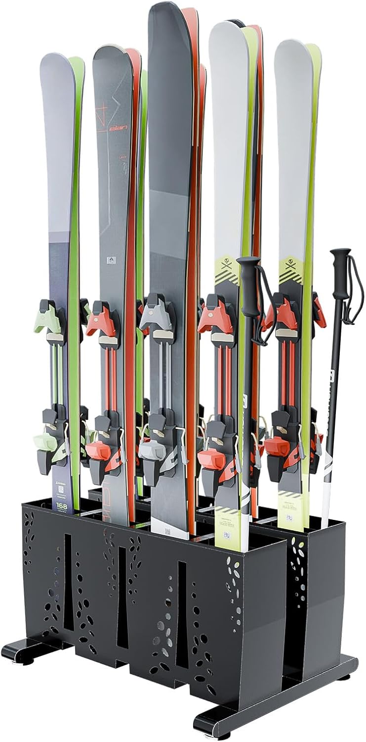 Ski Storage Rack for Garage, 8 Pair Heavy Duty Steel Freestanding Ski Storage Organizer, Indoor Ski Holder Racks for Home and Garage Storage