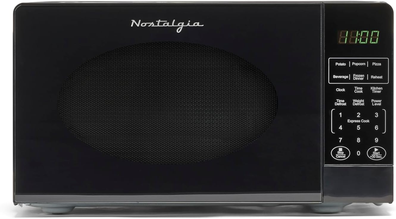 Nostalgia Modern Retro Countertop Microwave Oven - 700-Watt - 0.7 cu ft - 12 Pre-Programmed Cooking Settings - Digital Clock - Kitchen Appliances - Black