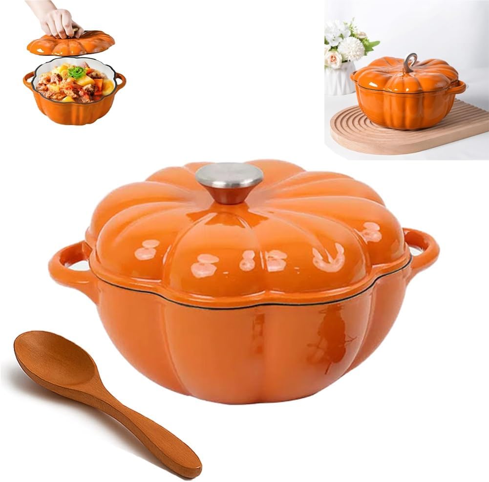 Pumpkin Dutch Oven Pot with Lid, Pumpkin Dutch Oven Cast Iron, Dual Handle Soup Pots, Enameled Non-stick Cooking Pot, Halloween for Stews Soups Baking & Holiday Gift(Round 7.87in)