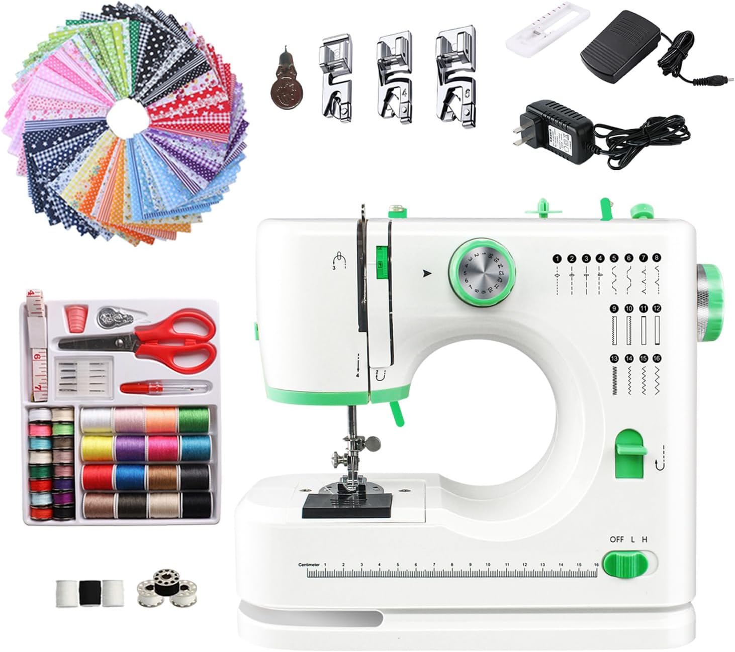 Sewing Machine for Beginners, Electric Portable Mini Sewing Machine with 50 Pcs Fabric and 32 Pcs Sewing Threads Kit, 16 Built-in Stitches 2 Speed with Foot Pedal (White and Mint)