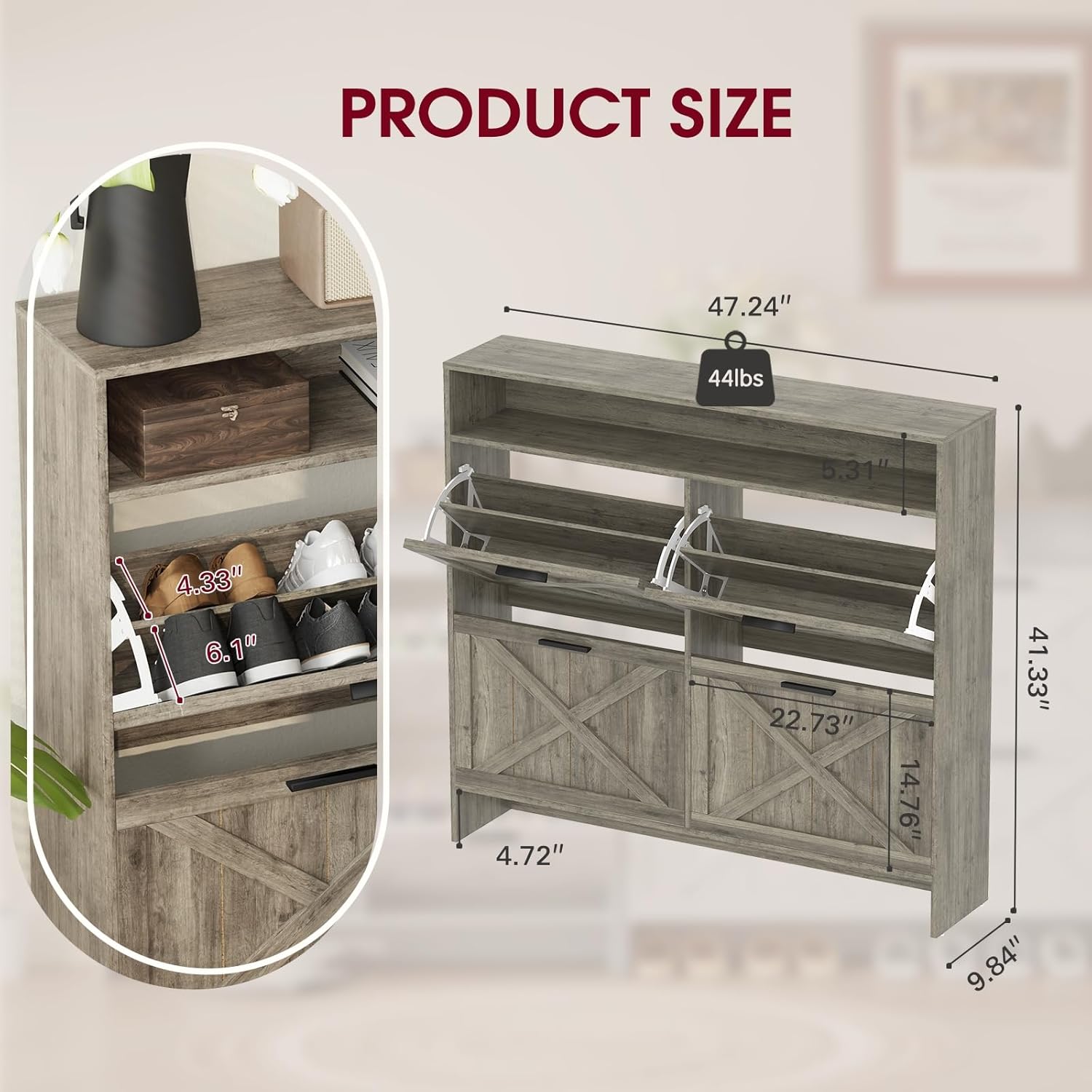 Wooden Shoe Cabinet with 4 Flip Drawers, Narrow Shoe Rack Organizer Cabinet for Classified Storage, Farmhouse Shoe Storage Cabinet for Entryway, Living Room (Grey)