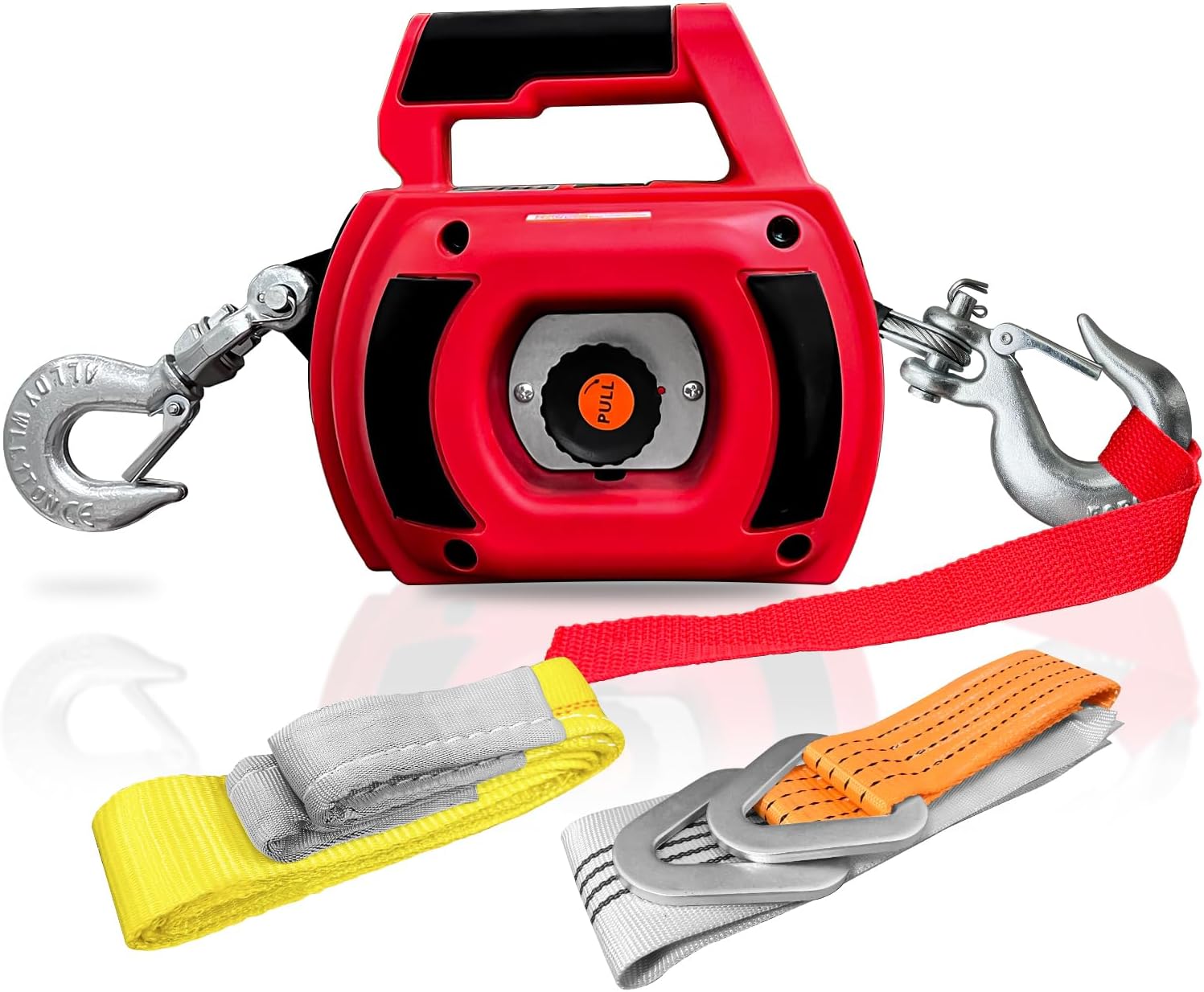 Portable Drill Winch 1000LBS, Drill Powered Winch with Lift Sling Strap and D Rings Tie Down Strap, Drill Winch with Alloy Steel Wire Rope 40FT for Dragging, Handling, Trailer (Red)