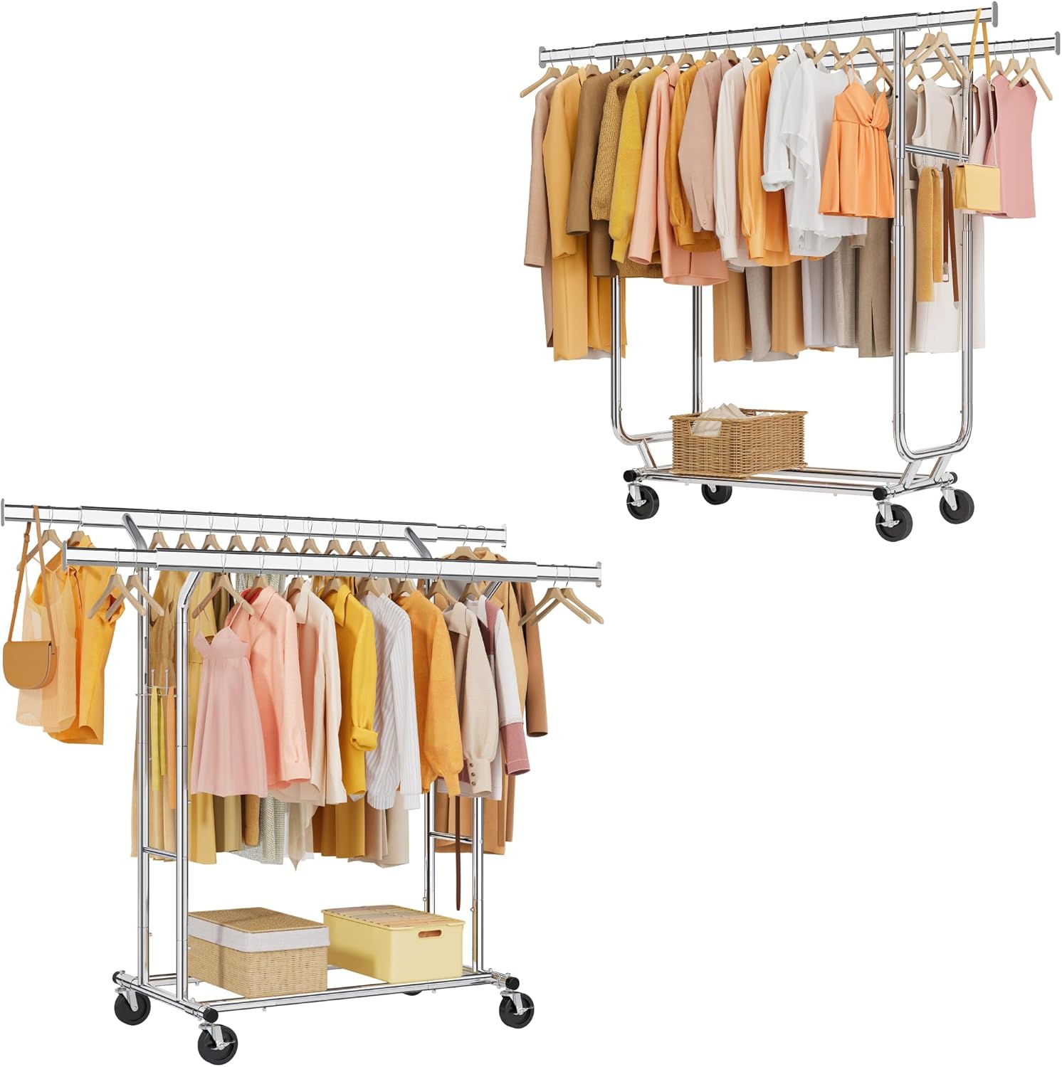 Tajsoon Heavy Duty Collapsible Clothing Rack Plus Heavy Duty Double Clothes Rack