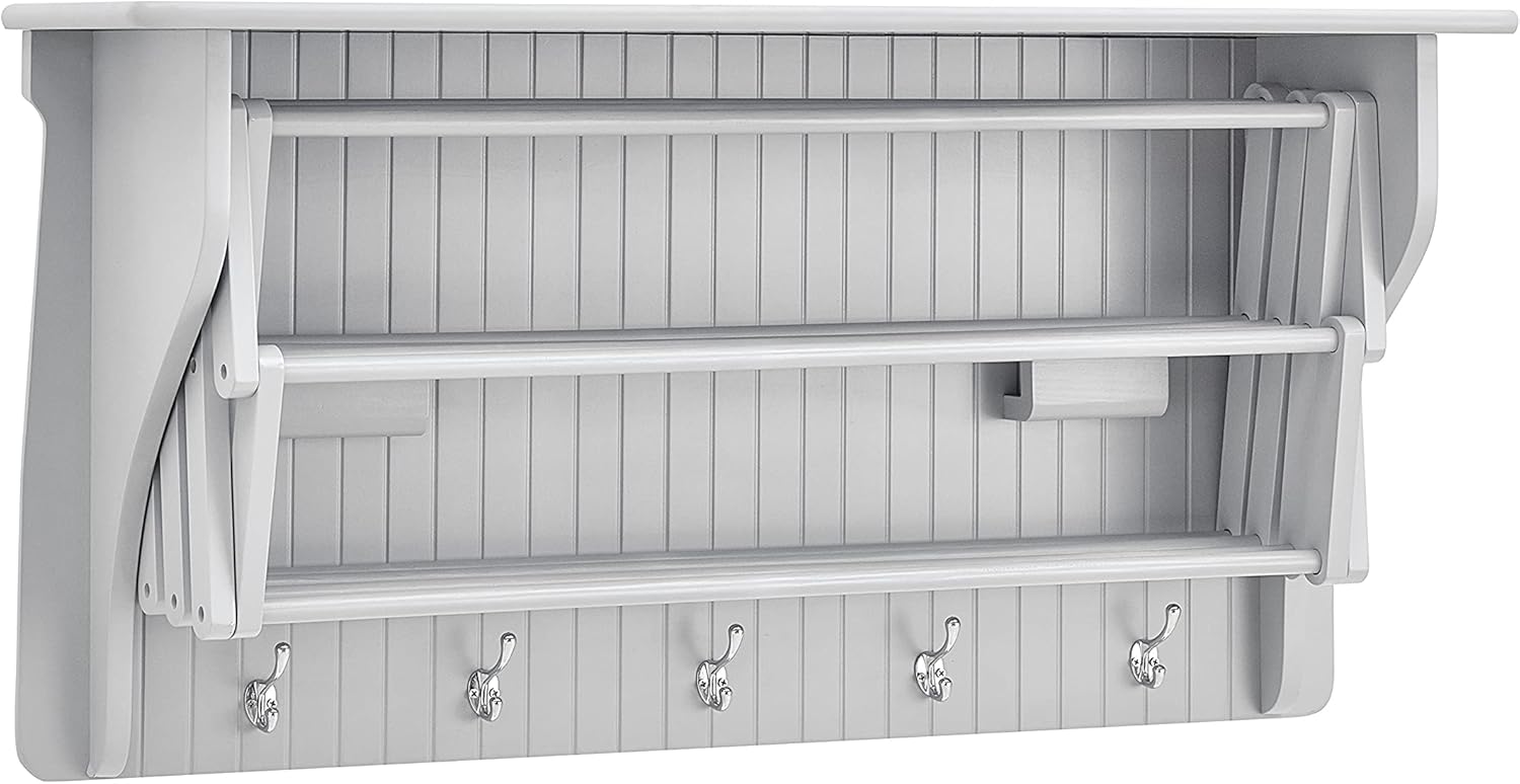Danya B Accordion Clothes Drying Rack, Retractable, Wall Mounted Towel Rack and Hooks for Clothes and Towels for use in Laundry Room or Garage (White)