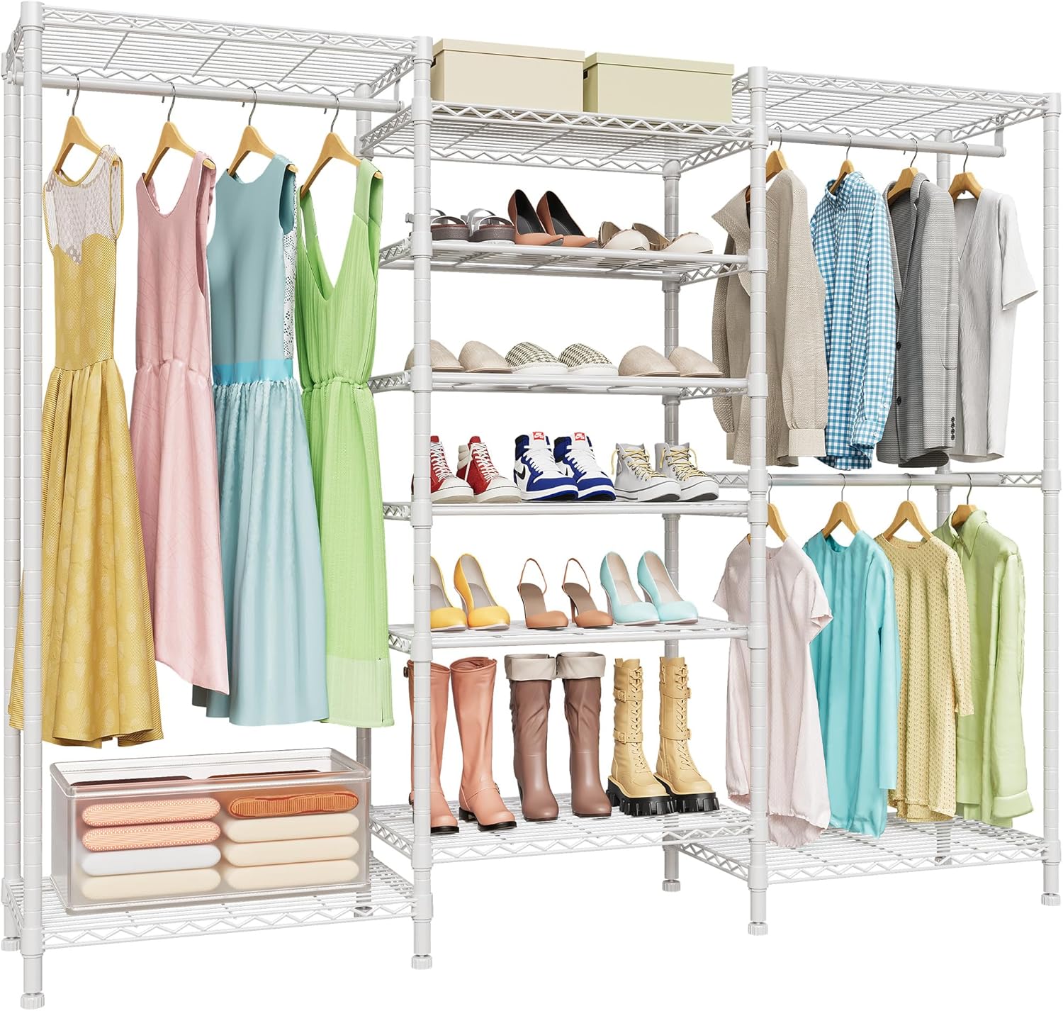 H12 Heavy Duty Clothes Rack with Hanging Rods, Garment Rack with Shoes Racks, Clothing rack for shoe storage, Freestanding Wardrobe Closet with Adjustable Shelves, White