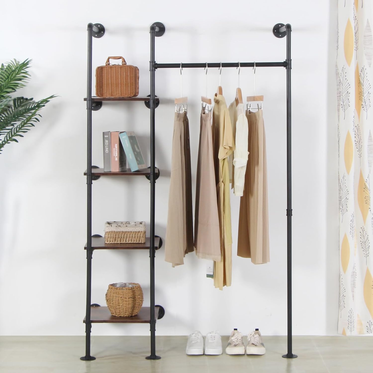 Wall Mounted Industrial Pipe Heavy Duty Clothes Rack, Clothing Rods for Hanging Clothes, Freestanding Clothing Rack with 2 Hang Rods & 4 Shelves, 72.8
