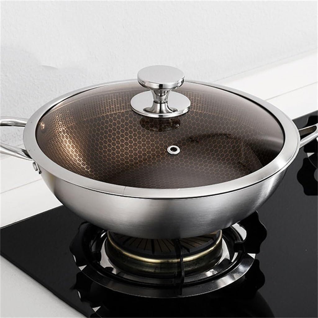 Stainless Steel Frying Pan Composite Steel Full Screen Non-Stick Honeycomb Thickened Household Frying-White-Fruit peach5-32CM