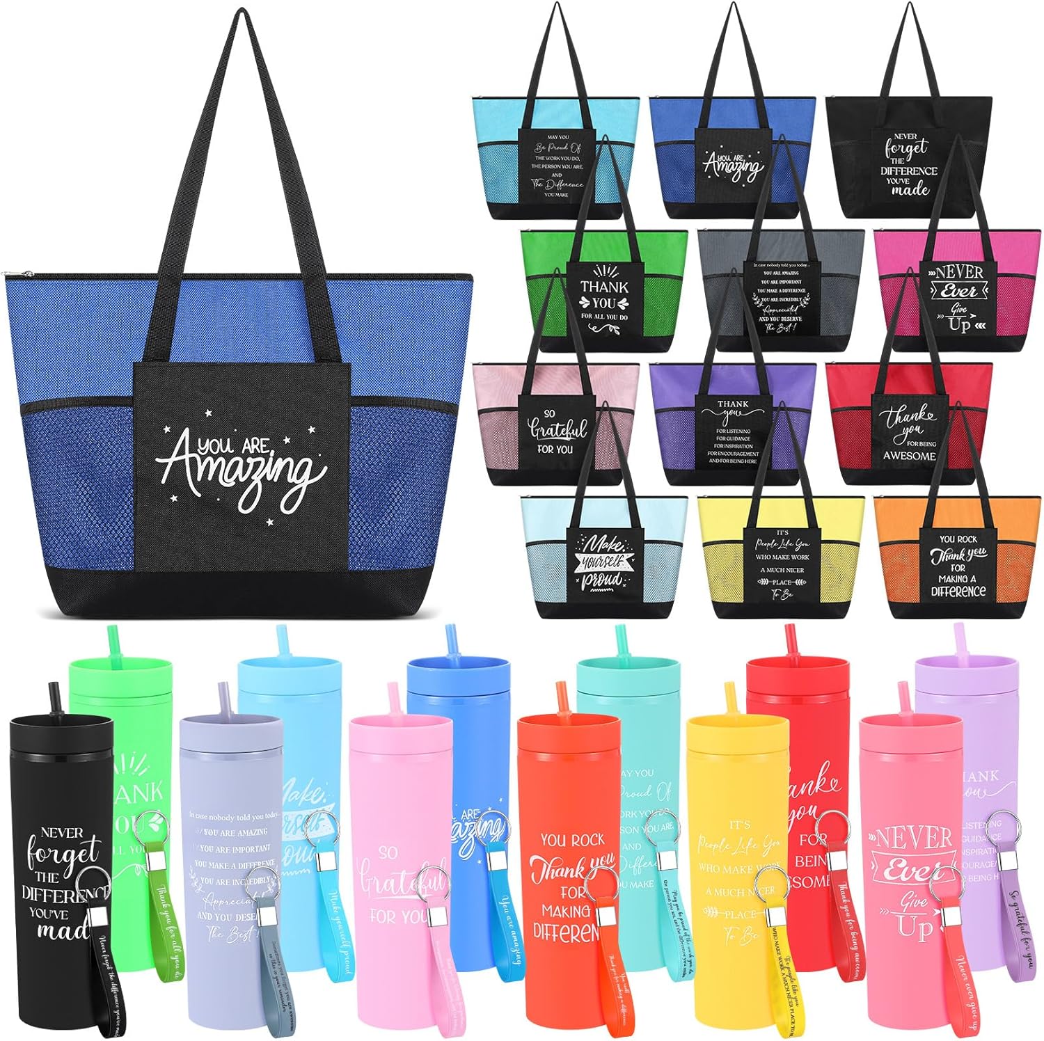 Paterr 36 Pcs Team Thank You Gifts Bulk Employee Appreciation Cups 16 Oz Large Tote Inspirational Bags and Keychains