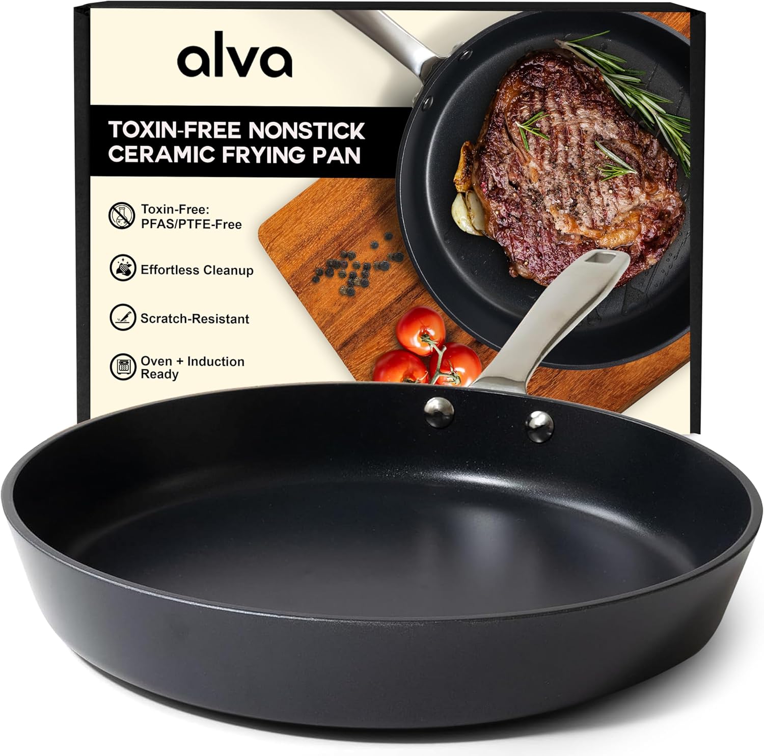 Alva Maestro Cookware Set 12-Piece Set - Nonstick Ceramic Pans and Pots with Lids - Oven Safe, Easy to Clean and Made without PFAS, PFOA & PTFE - Induction and All Stovetop Compatible