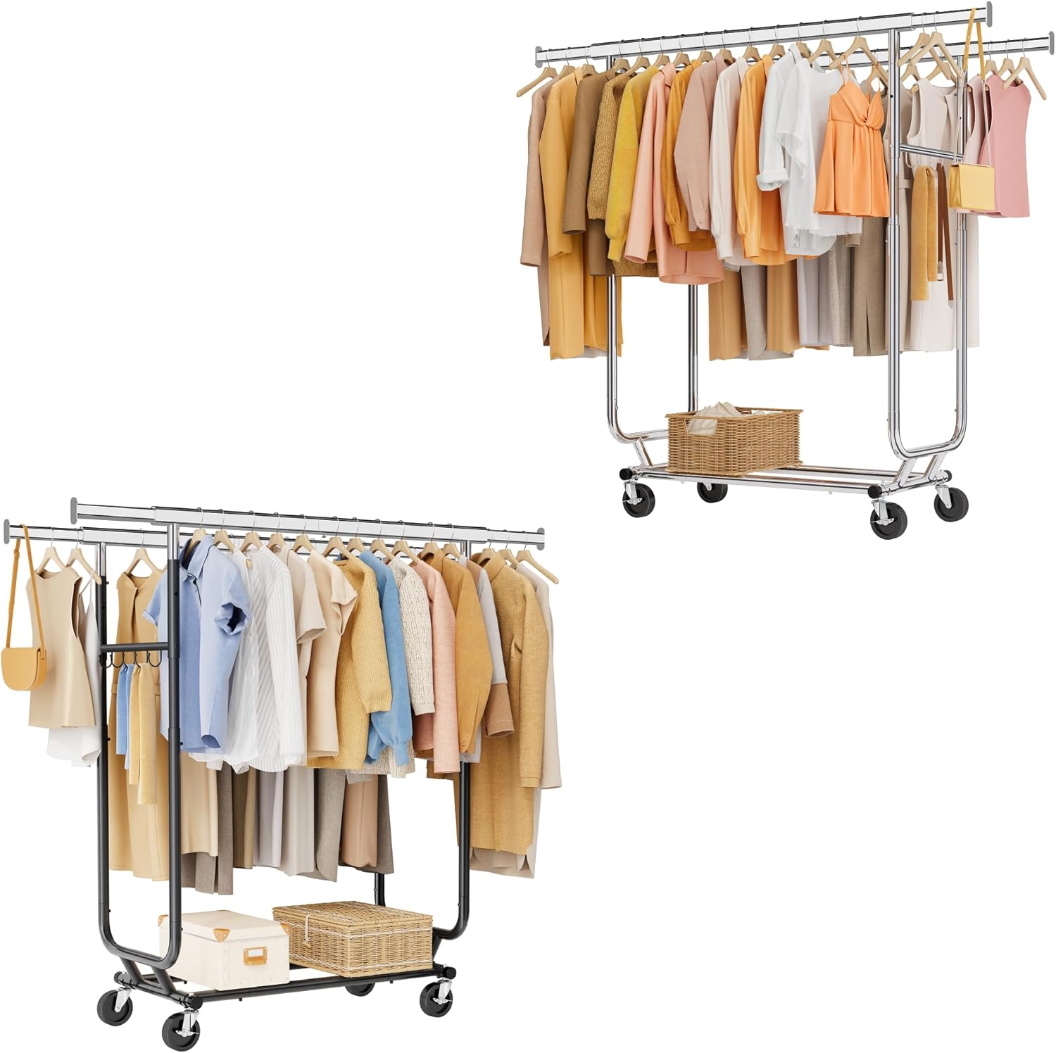 Tajsoon Heavy Duty Collapsible Clothing Rack Plus Heavy Duty Double Clothes Rack