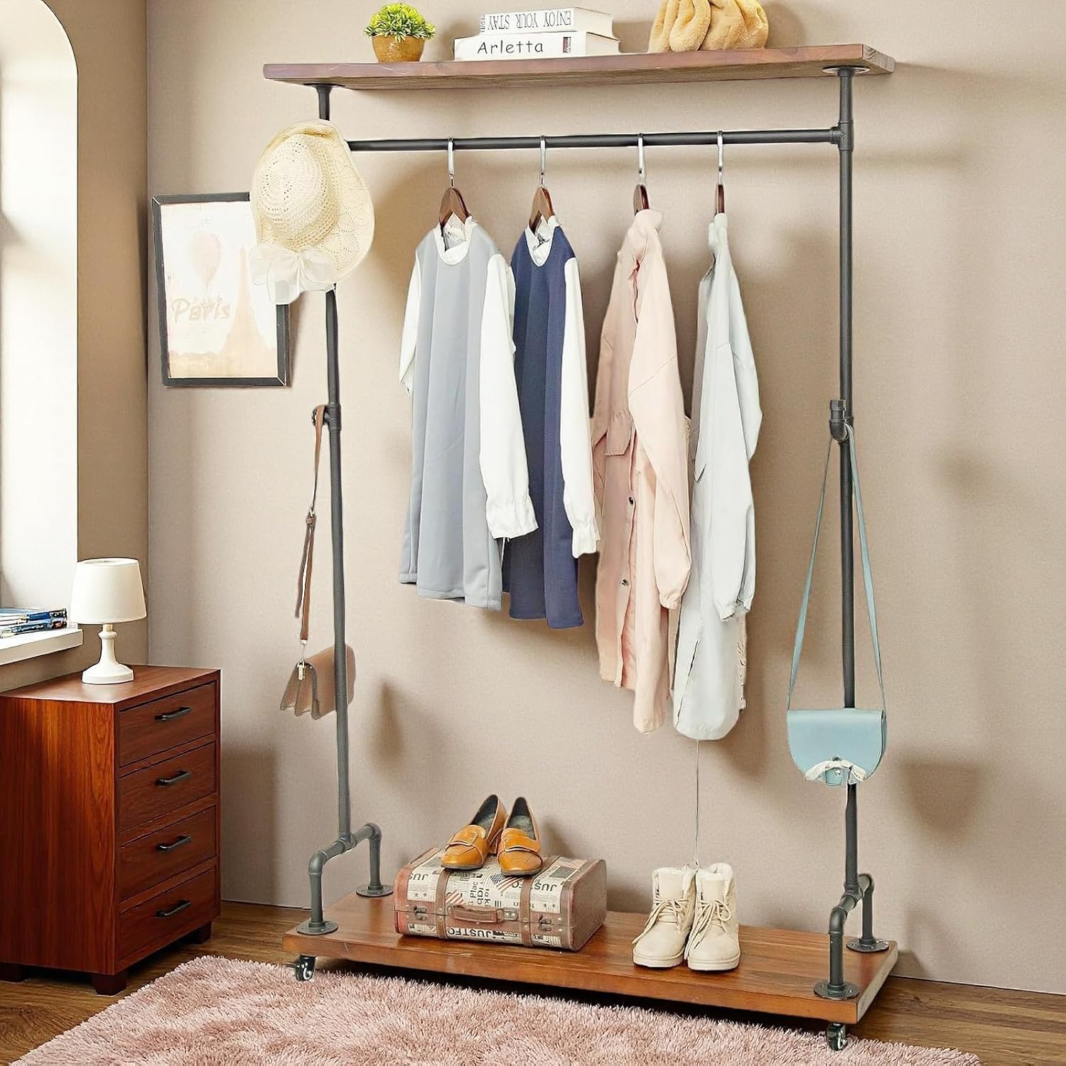 Industrial Pipe Clothing Racks, Rolling Garment Racks, Hall Tree on Lockable Wheels with Shelves and Shoes Storage, Heavy Duty Clothes Rack (two tiers garment rack)