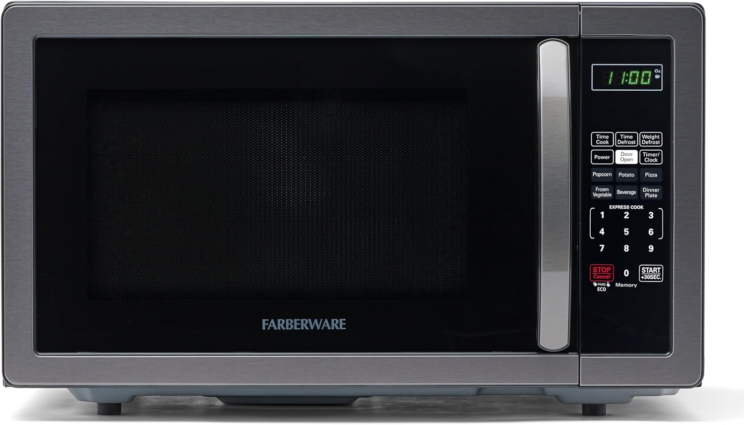 Farberware 1.1 Cu. Ft. Countertop Microwave Oven – 1000 Watts Power, Auto Cook Settings, Defrost, Easy Clean and Child Safety Lock - Stainless and Black