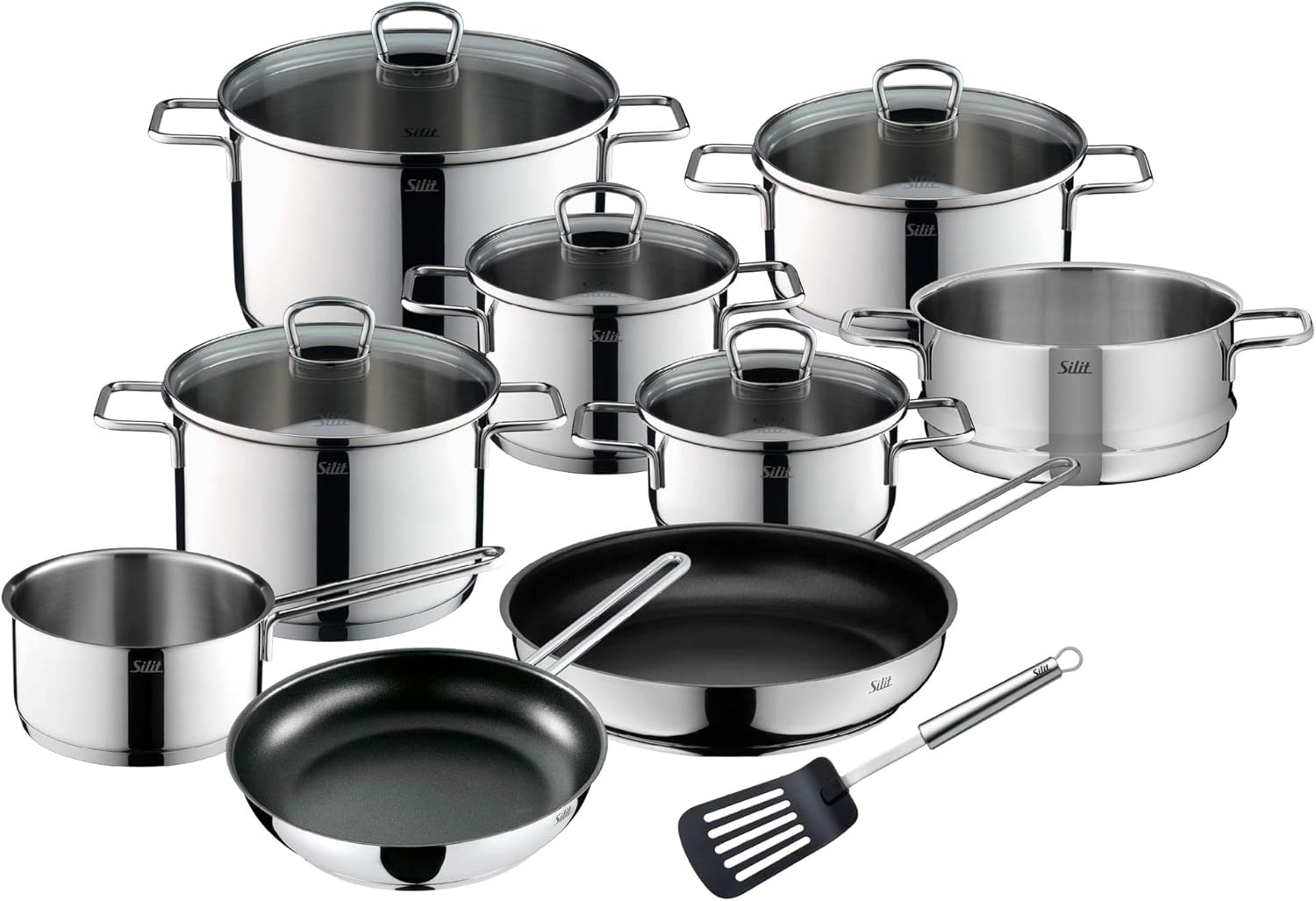 Silit Alicante 10-Piece Induction Cooking Pot Set with Glass Lid, Polished Stainless Steel, Induction Pots Set, Uncoated, Transparent, Silver