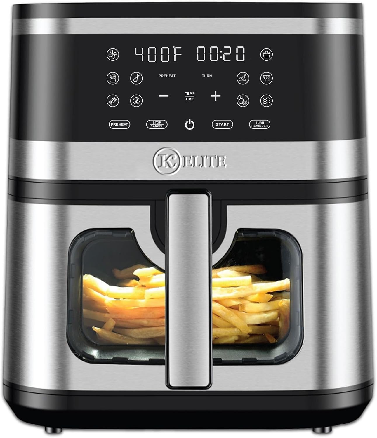 Kitchen Elite® Air Fryer Oven Stainless Steel, XL 8.5QT Large Airfryer with View Window, 10 one-touch Functions, Precise Temp Control, 90% Less Oil, Rapid Heating, Roast, Dehydrate, 1700W [Enhanced]