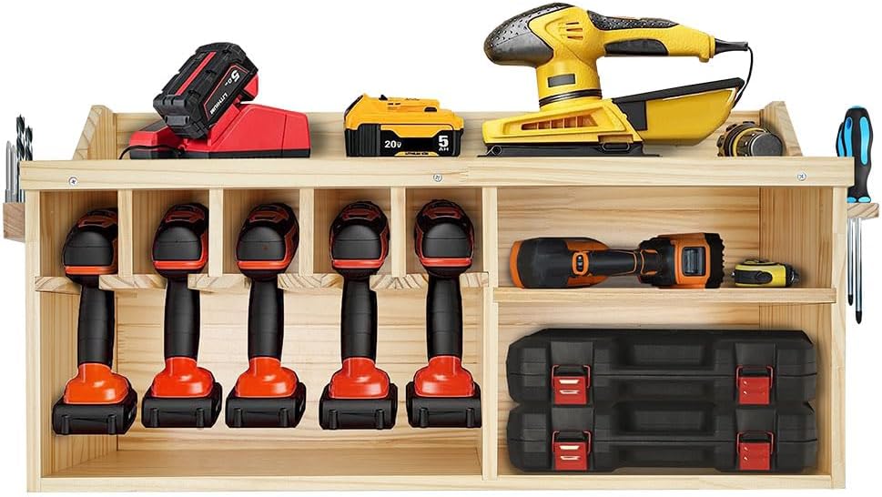 Pro-Lift Cordless Drill Organizer – wall mount power tool storage rack, 5 hanging slots, wooden M-004W
