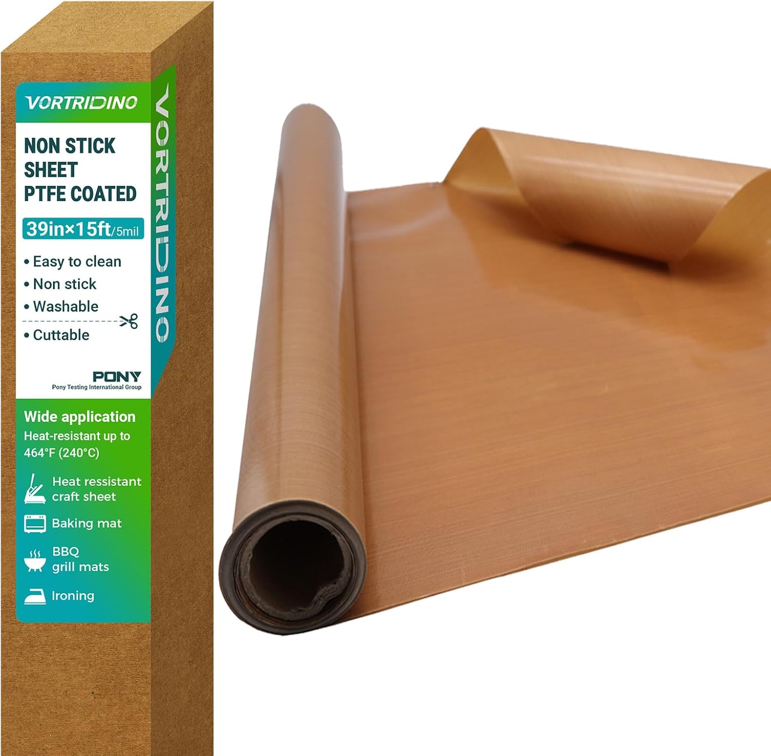 VORTRIDINO PTFE Teflon Sheet Roll 39in x 15ft Heat Resistant PTFE Sheet for Heat Press Transfer, Non Stick Protects Iron PTFE Coated Heat Press Cover Sheet Reusable Craft Mat (5Mil Thickness)