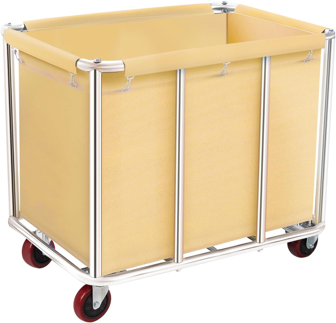 Commercial Laundry Cart on Wheels, 11.35 Bushels Large Roller with Removable Waterproof Canvas Lined Basket, Heavy Duty Stainless Steel for Hotels and Hospitals