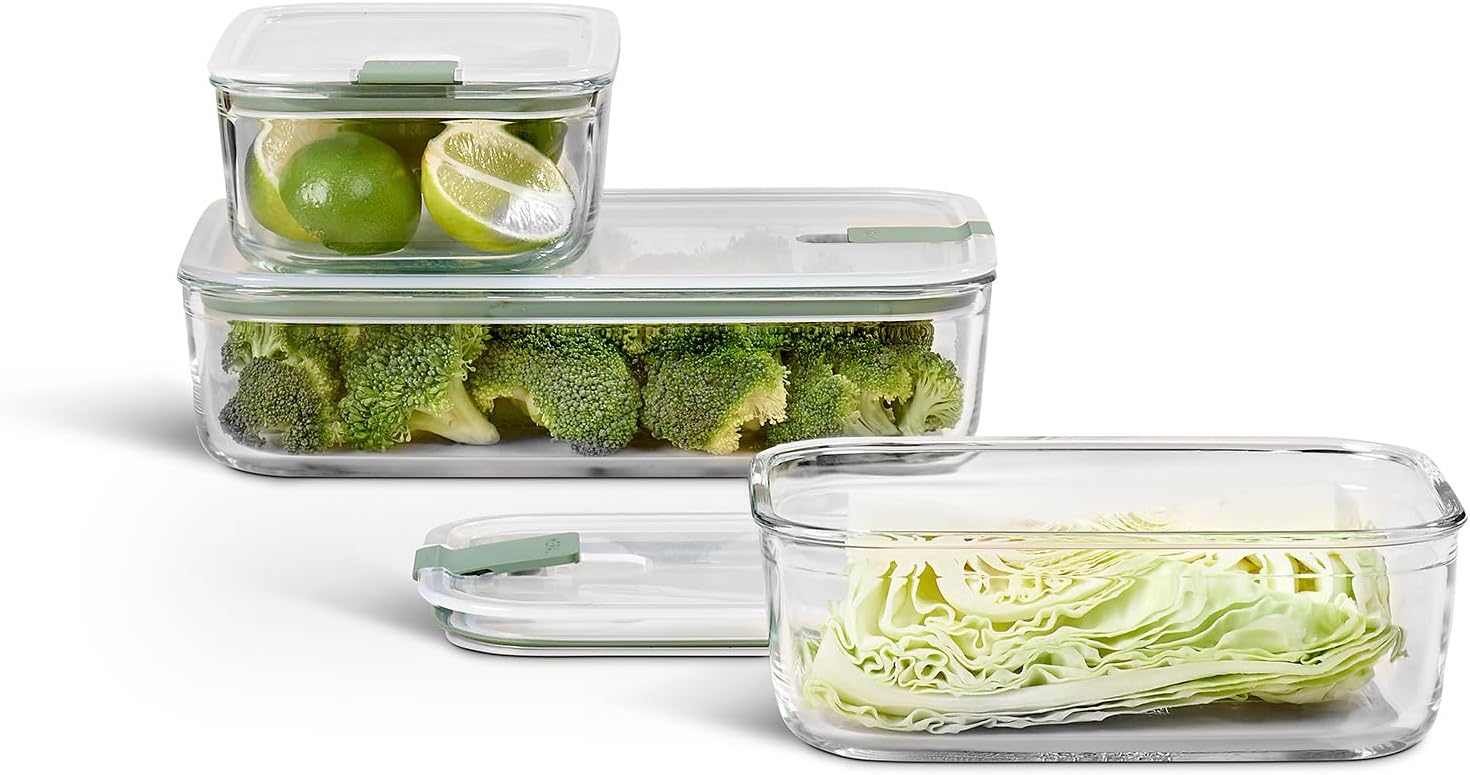Mepal Easyclip Glass Containers with Lids, Snap Closure, for Microwave, Steamer, Oven, Refrigerator and Freezer, Airtight, 2 X 1000 + 2250 Ml, Nordic Sage