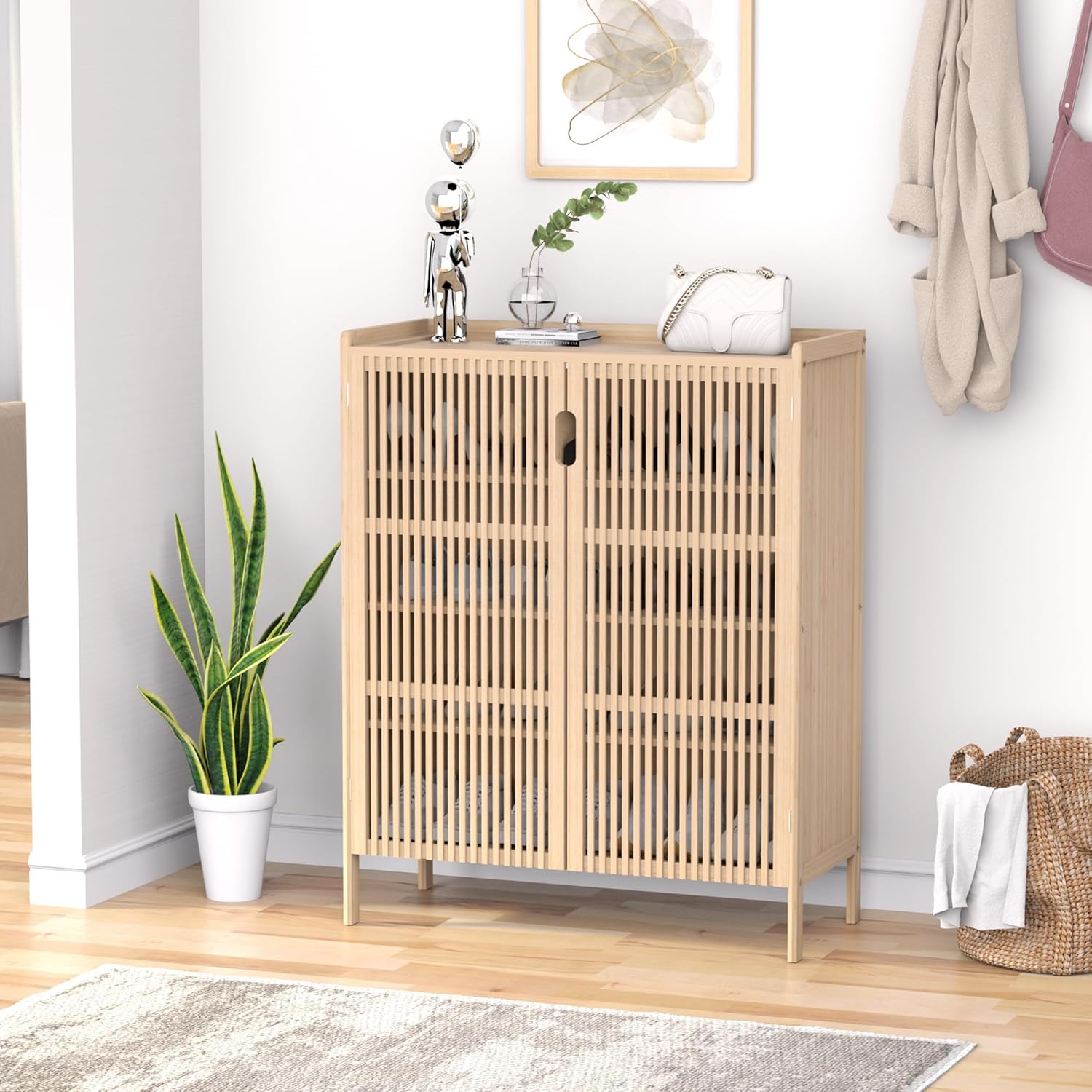 Shoe Cabinet, 20 Pair Farmhouse Shoe Organizer Cabinet, Freestanding Bamboo Wood Shoe Storage Cabinet with Grille Doors, 5-Tier Narrow Shoe Cabinet for Entryway Hallway, Natural