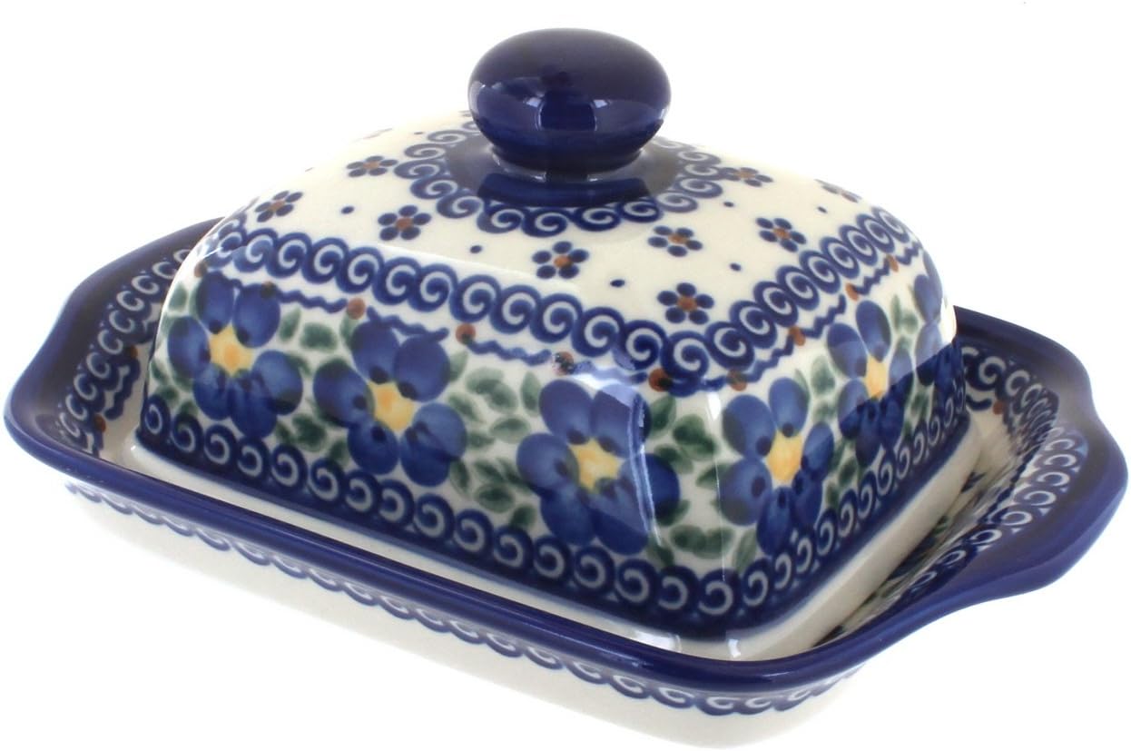 Blue Rose Polish Pottery - Blue Spring Blossom Square Butter Dish - Fits 1 Stick - Butter Dish for Countertop Organization and Storage